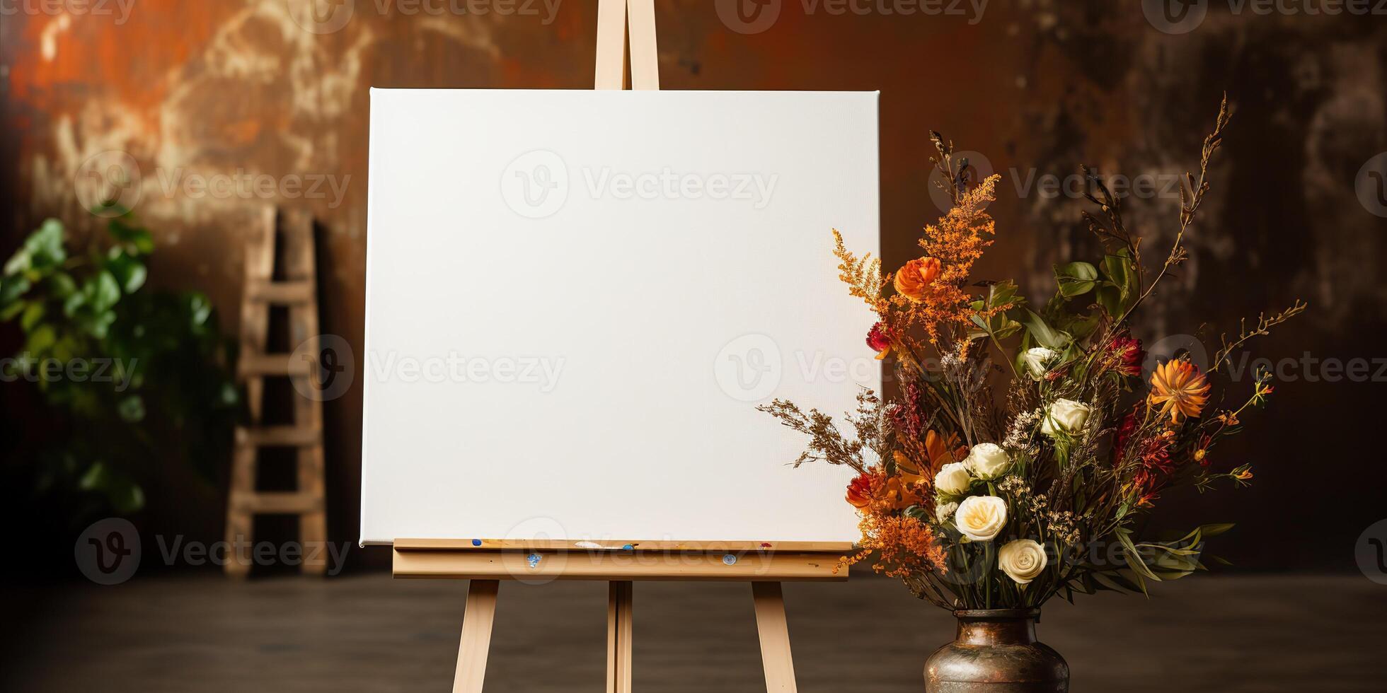 blank white mockup of a white canvas on an easel as a welcome sign at a wedding with many plants flowers view photo