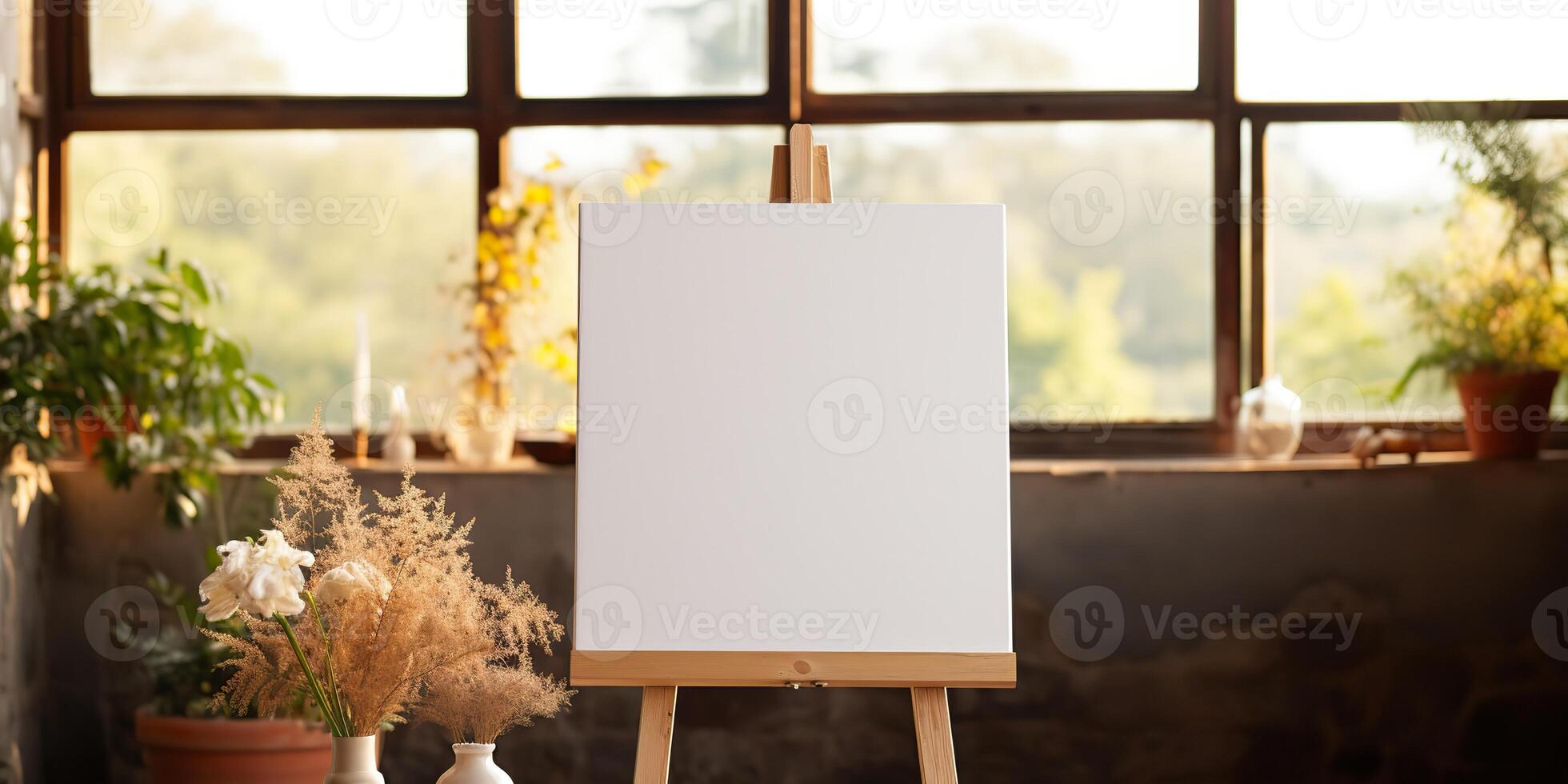 blank white mockup of a white canvas on an easel as a welcome sign at a wedding with many plants flowers view photo