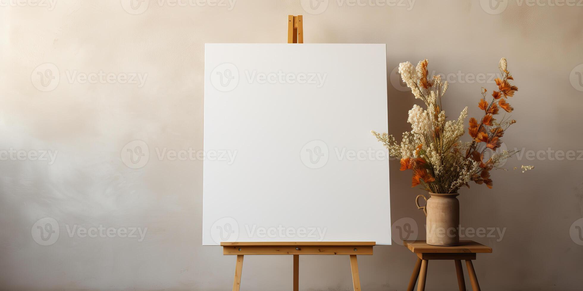 blank white mockup of a white canvas on an easel as a welcome sign at a wedding with many plants flowers view photo