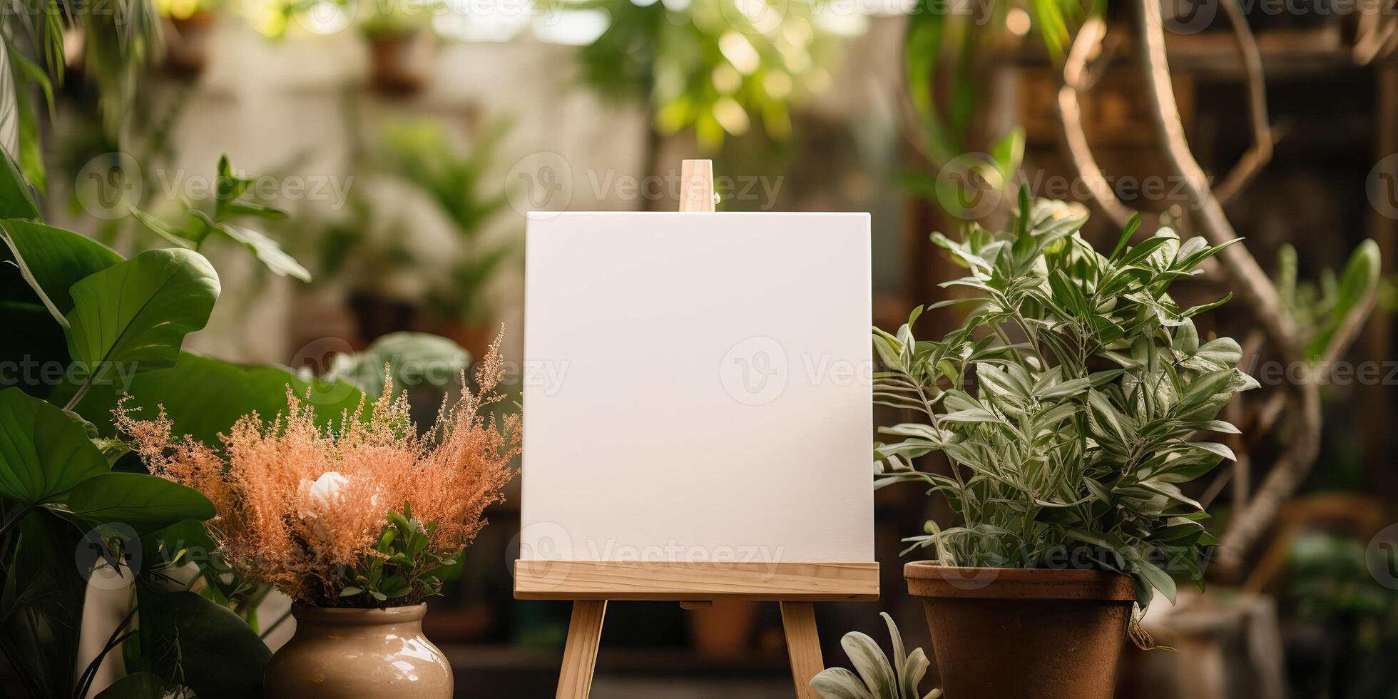blank white mockup of a white canvas on an easel as a welcome sign at a wedding with many plants flowers view photo
