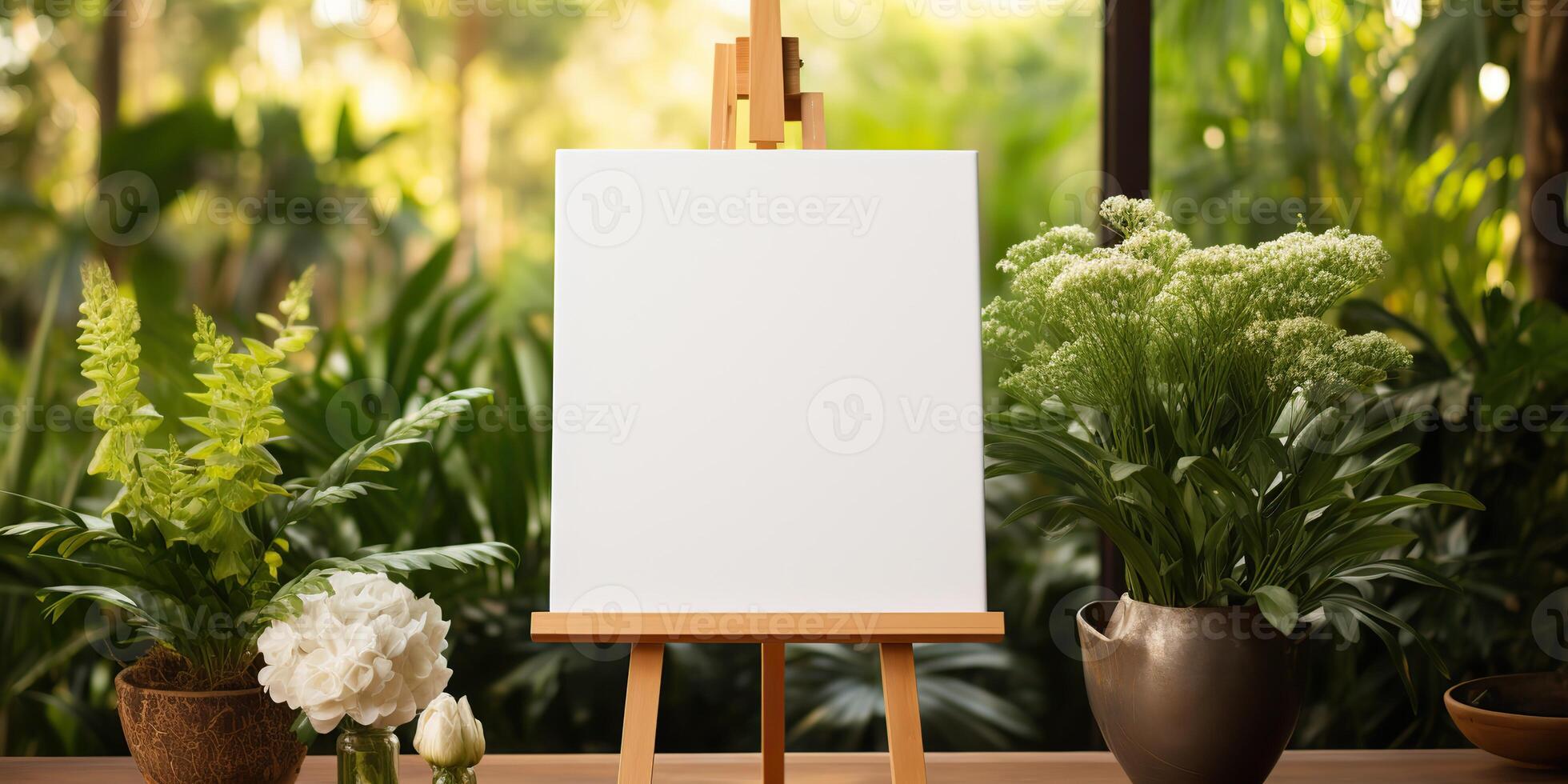blank white mockup of a white canvas on an easel as a welcome sign at a wedding with many plants flowers view photo