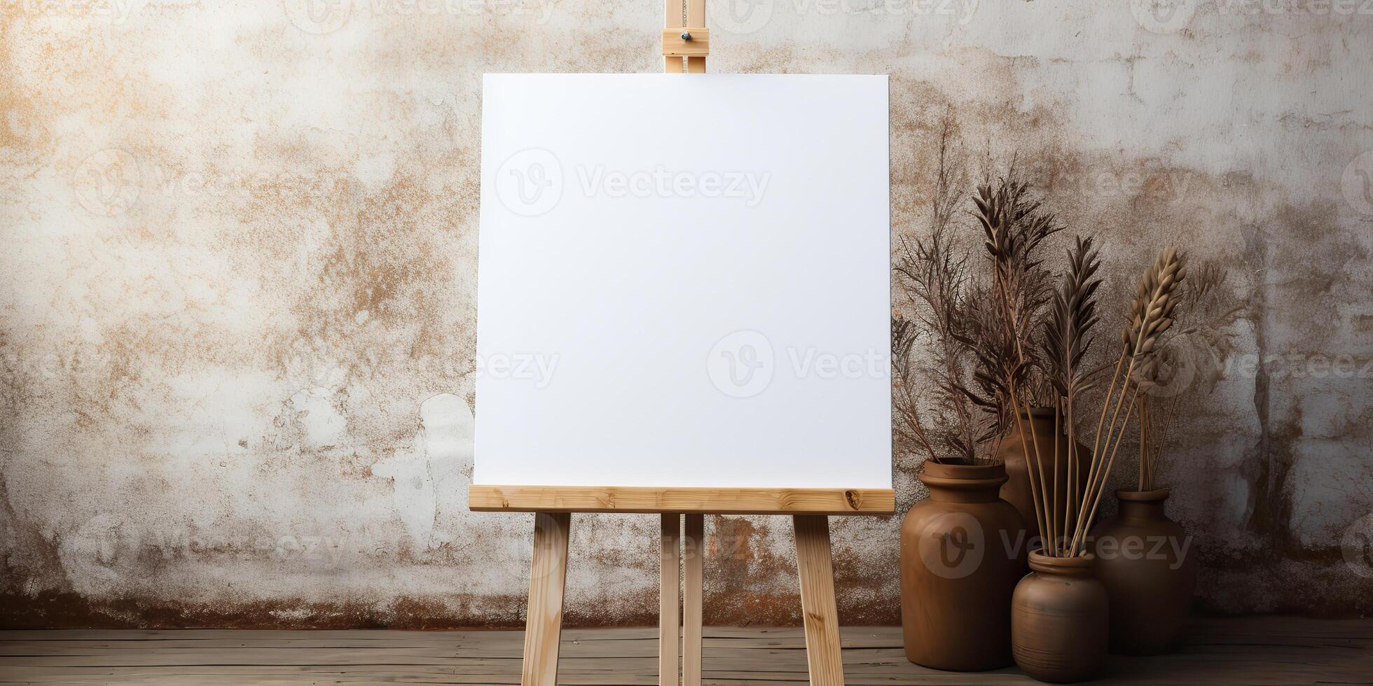blank white mockup of a white canvas on an easel as a welcome sign at a wedding with many plants flowers view photo
