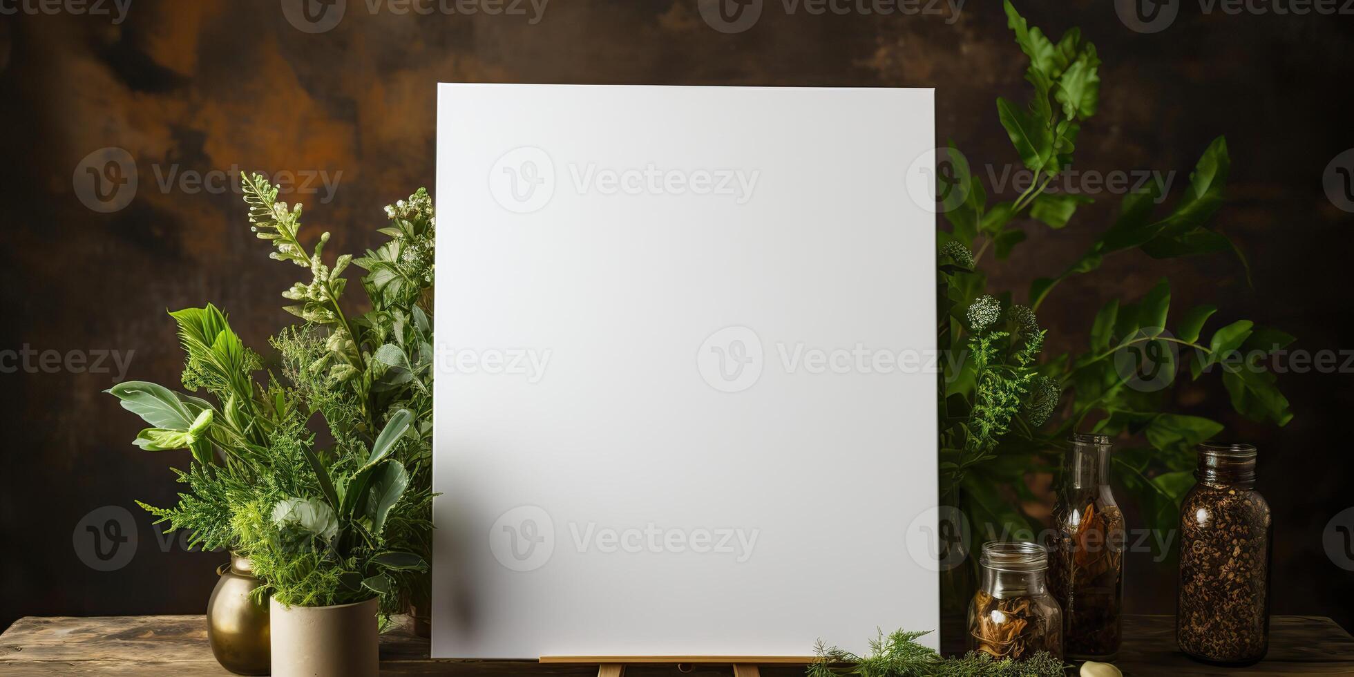 blank white mockup of a white canvas on an easel as a welcome sign at a wedding with many plants flowers view photo