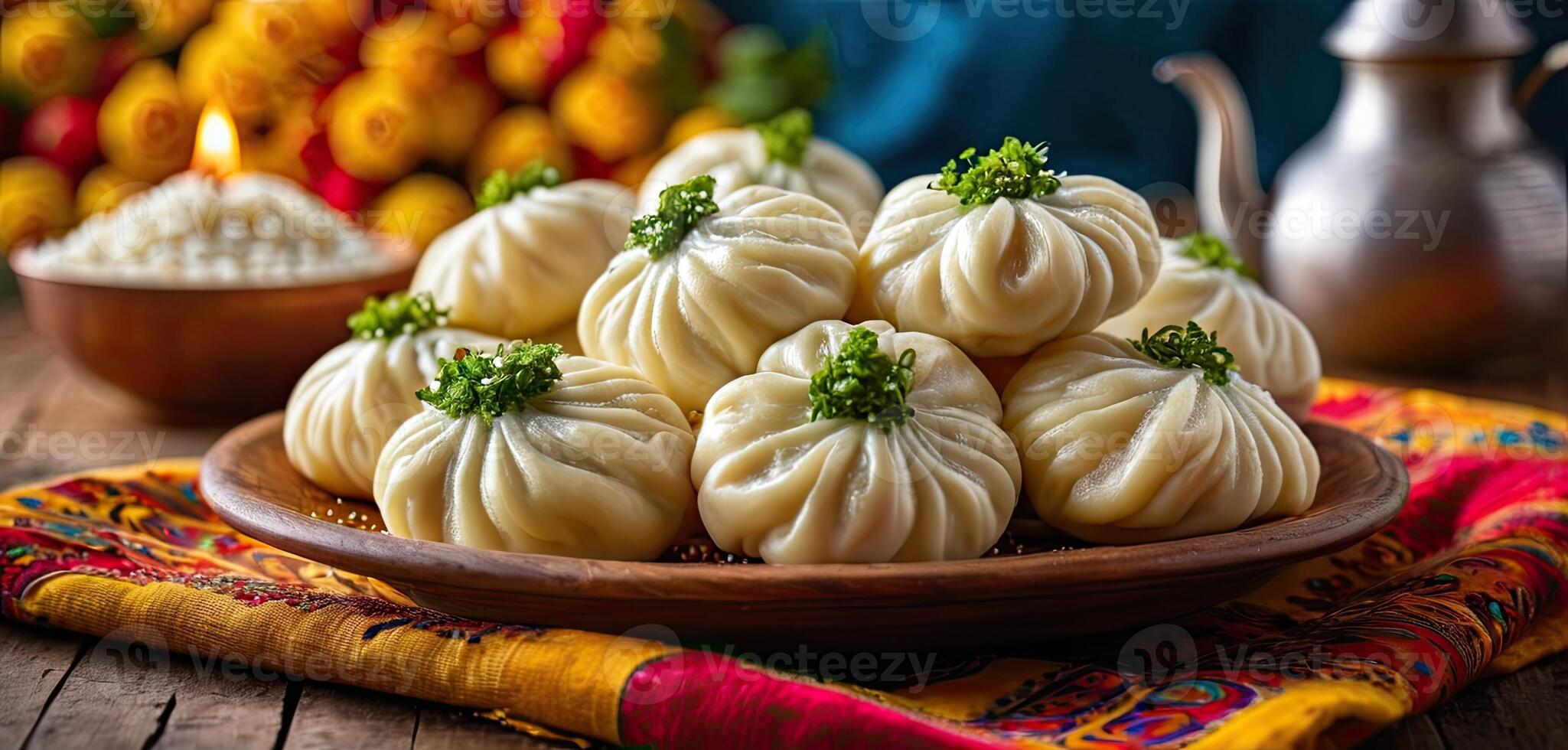 Khinkali, Georgian dumplings, rest on plate, garnished with tkemali and fresh herbs. Rustic kitchen setting, preparation of Georgian cuisine, khinkali. photo