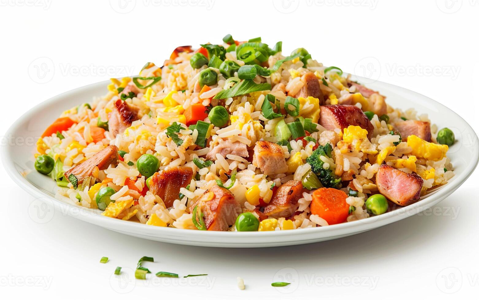 A plate of fried rice made from yesterday's leftovers, colorful vegetables, and diced chicken included, a clean white background photo