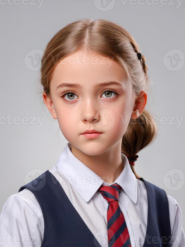 a little girl in a school uniform is standing with her arms crossed photo