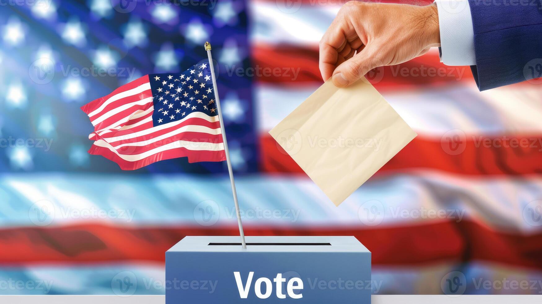 Presidential election in USA. Man's hand putting ballot paper in the box with Vote word. American flag on background photo