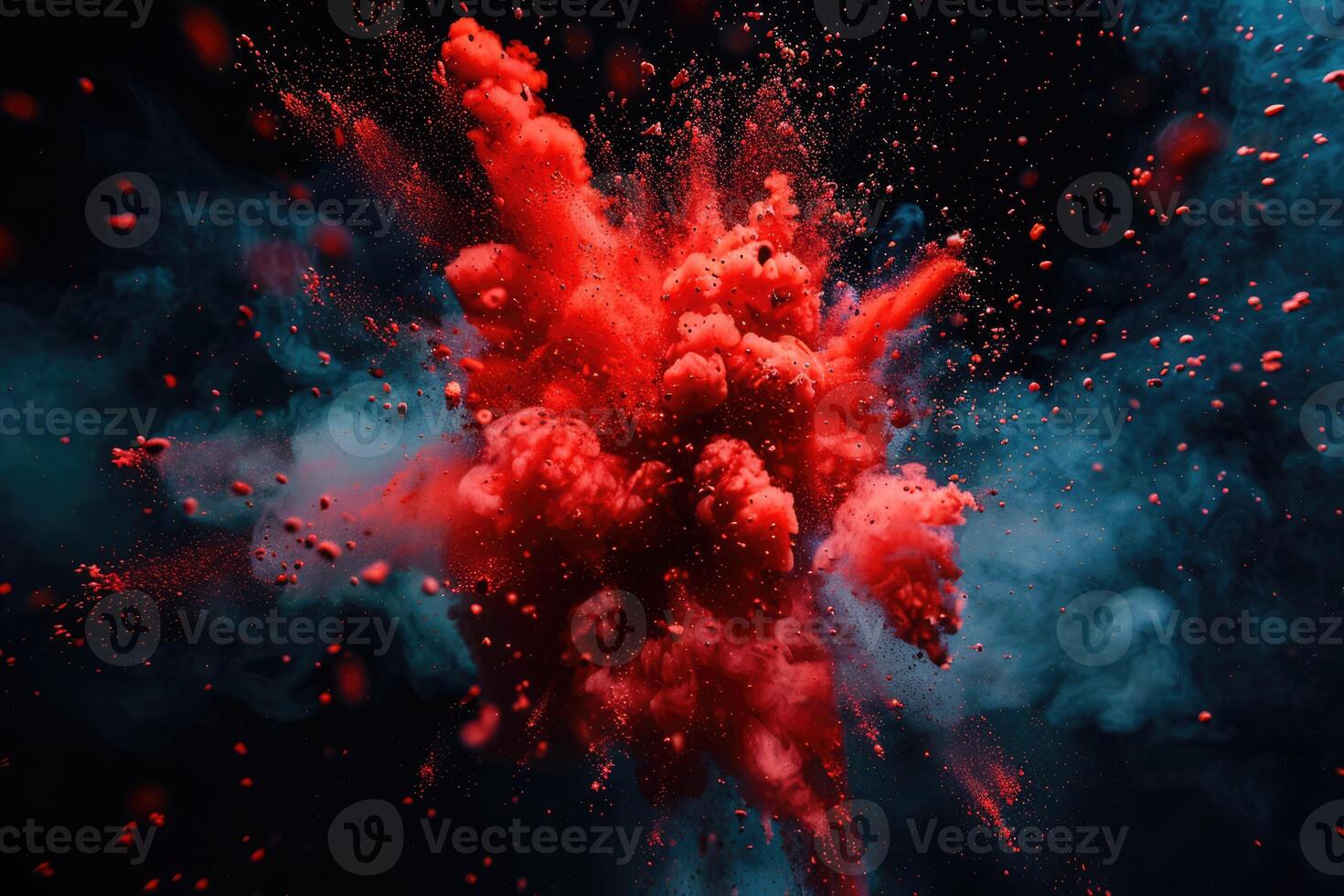 Red paint explosion splash abstract background. Blood cloud, dust explode on black photo