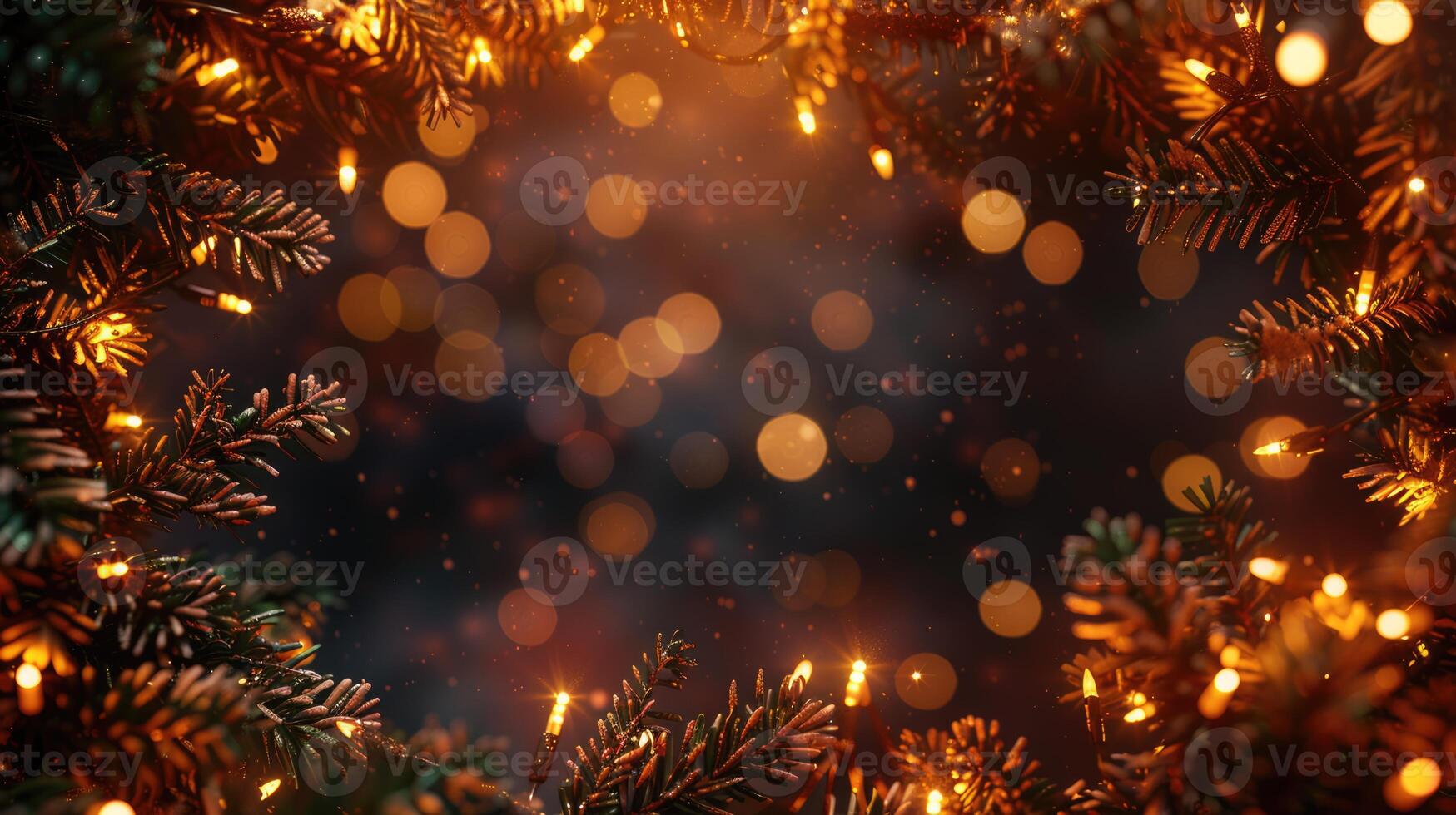 Christmas frame banner with sparkling lights, garland, fir tree twigs and copy space for text on bokeh background photo