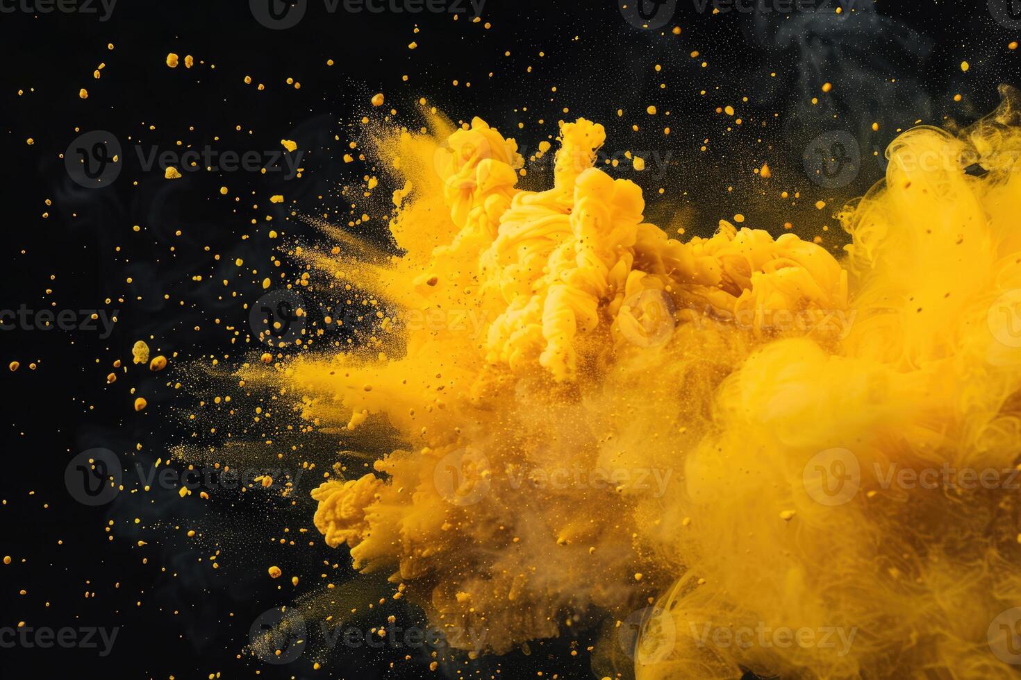 Yellow paint explosion splash abstract background. Colorful cloud, dust explode on black photo