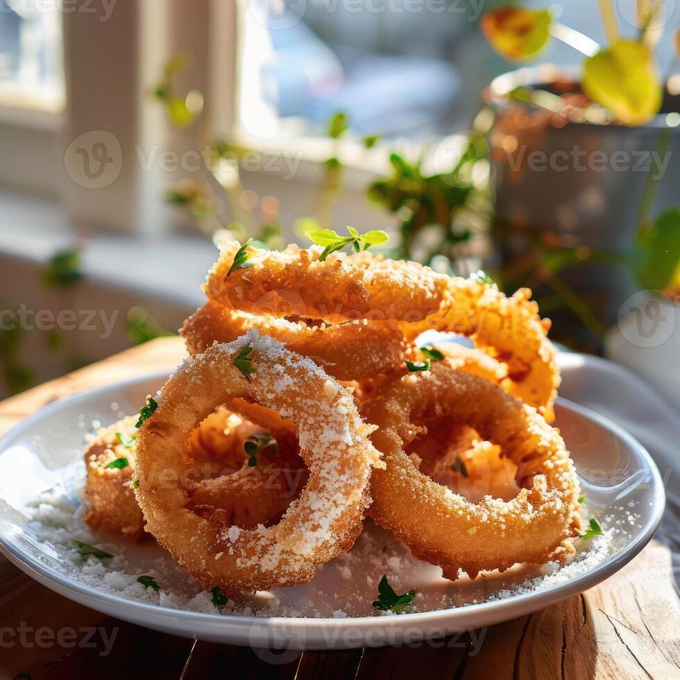 Golden breaded and deep fried crispy onion rings on white plate by the window photo