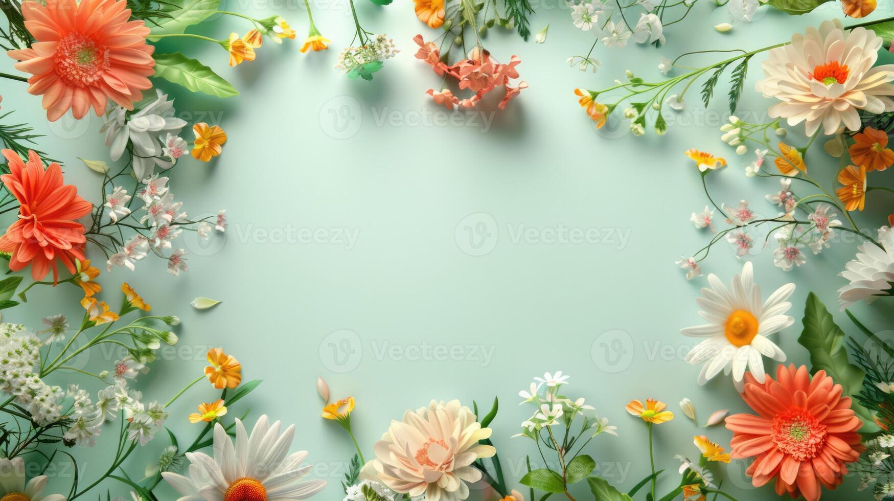 Flowers frame with copy space. Summer or spring floral theme greeting card. Postcard mockup with space for text photo