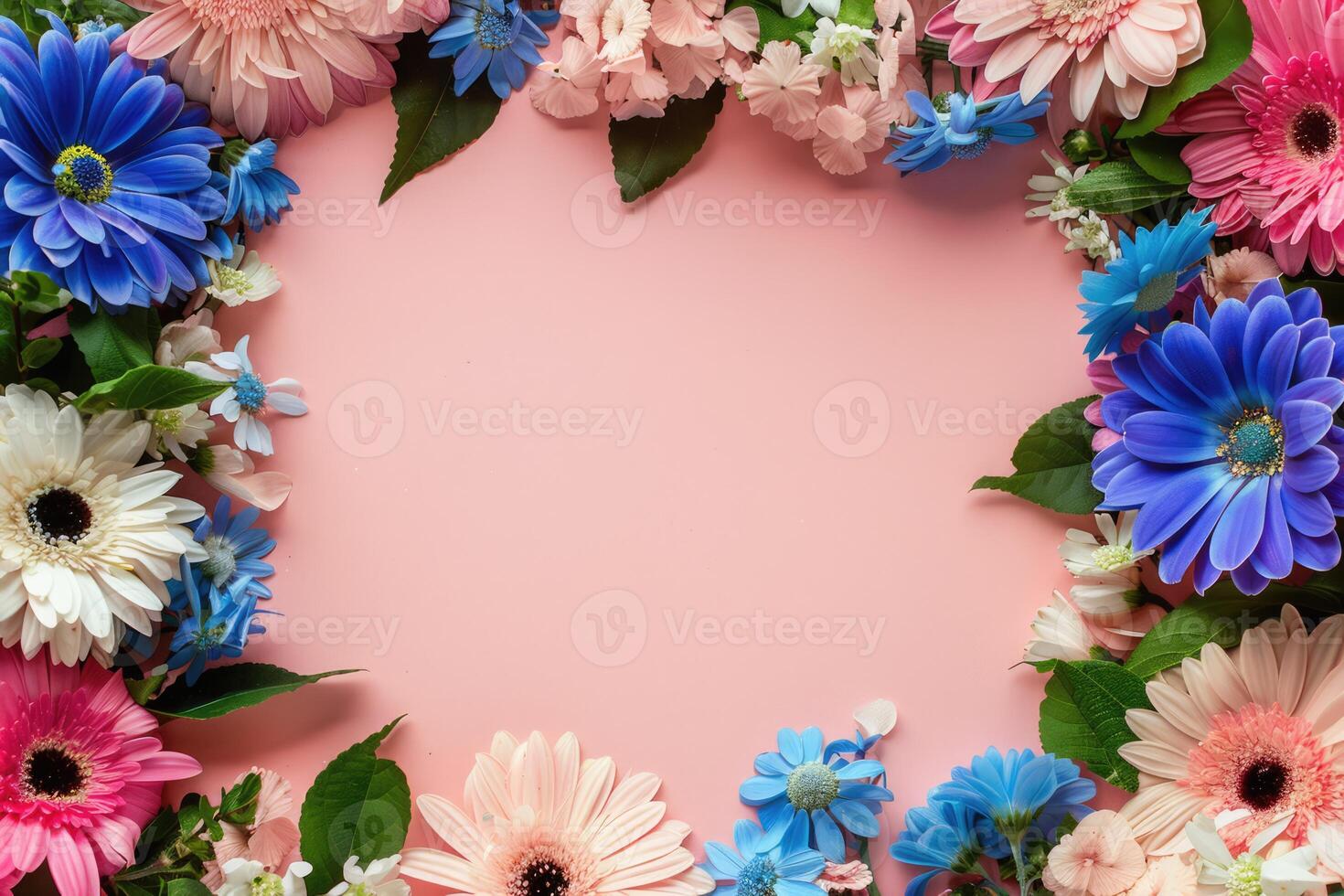 Flowers frame with copy space. Summer or spring floral theme greeting card. Postcard mockup with space for text photo