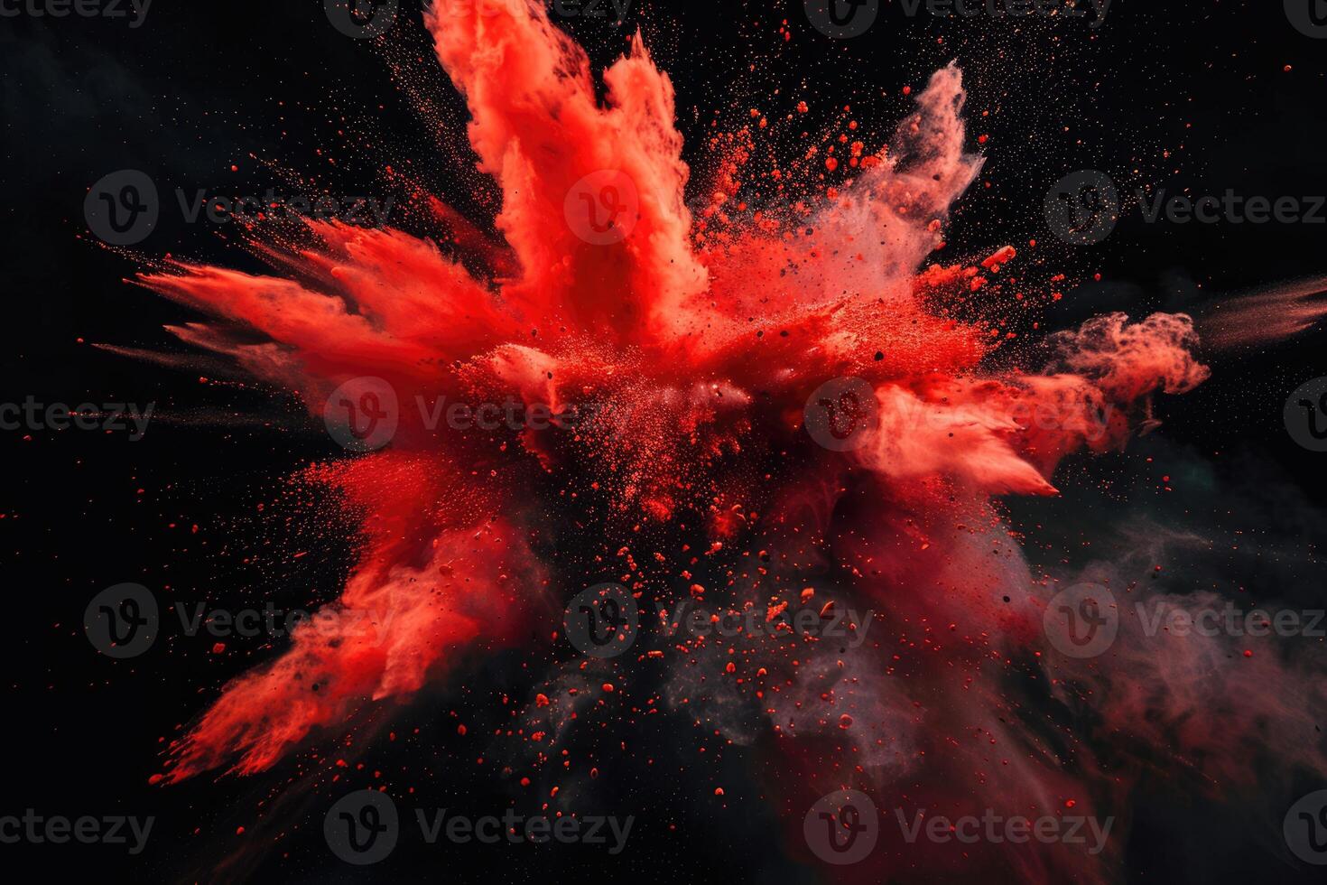 Red paint explosion splash abstract background. Blood cloud, dust explode on black photo