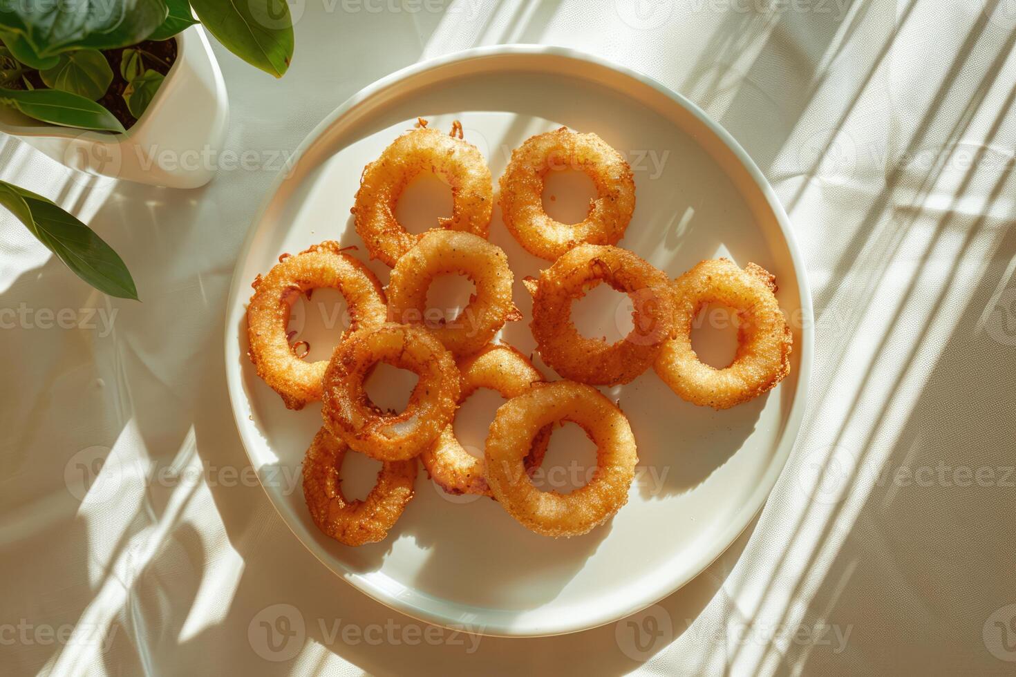 Golden breaded and deep fried crispy onion rings on white plate photo