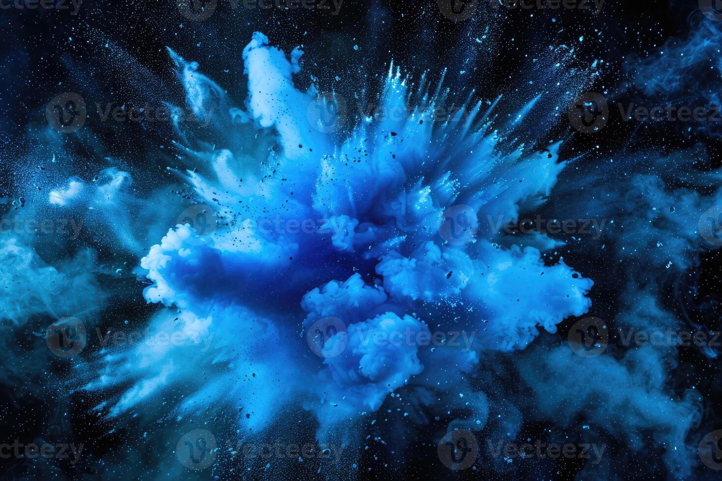Blue paint explosion splash abstract background. Colorful cloud, dust explode on black photo