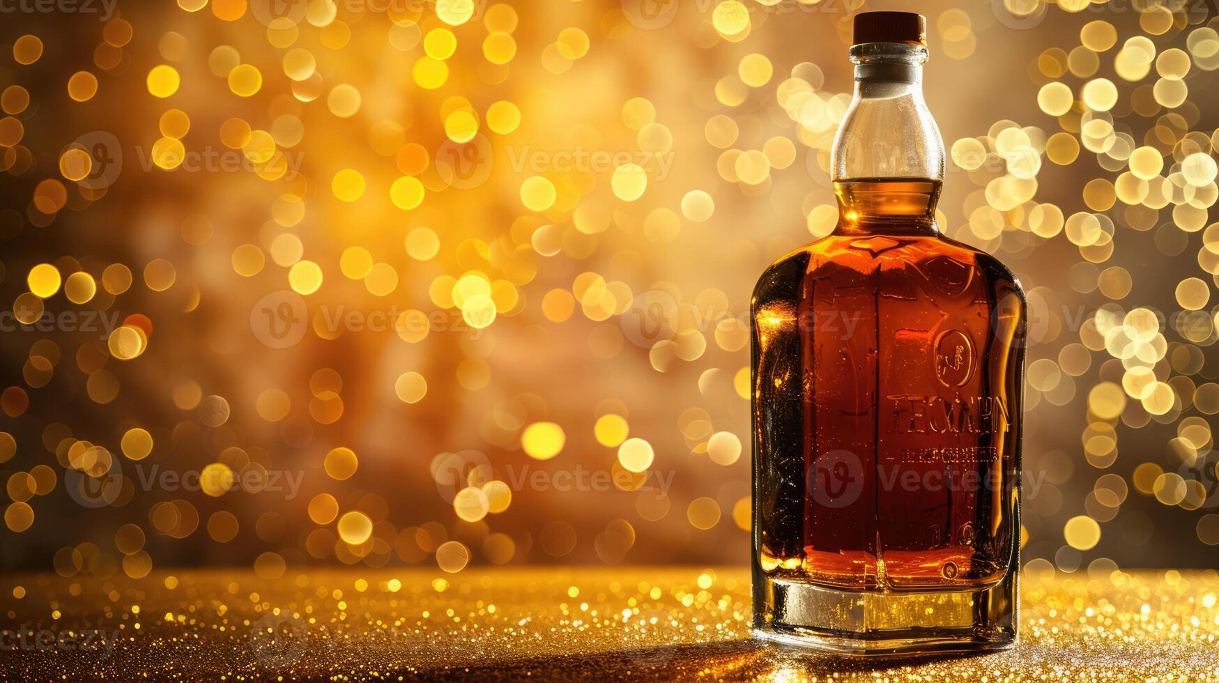 Scotch whiskey or brandy bottle, alcohol drink isolated on luxury golden background with copy space photo