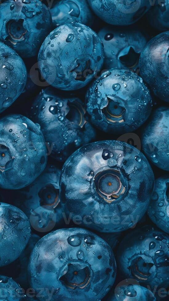 Blueberry background. Close-up shot of blueberries with water drops. Macro image of freshly picked ripe berries photo