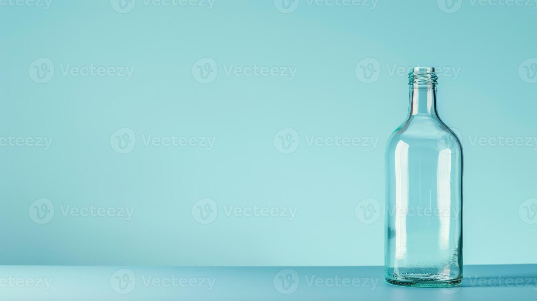 Empty glass bottle on blue background with copy space photo
