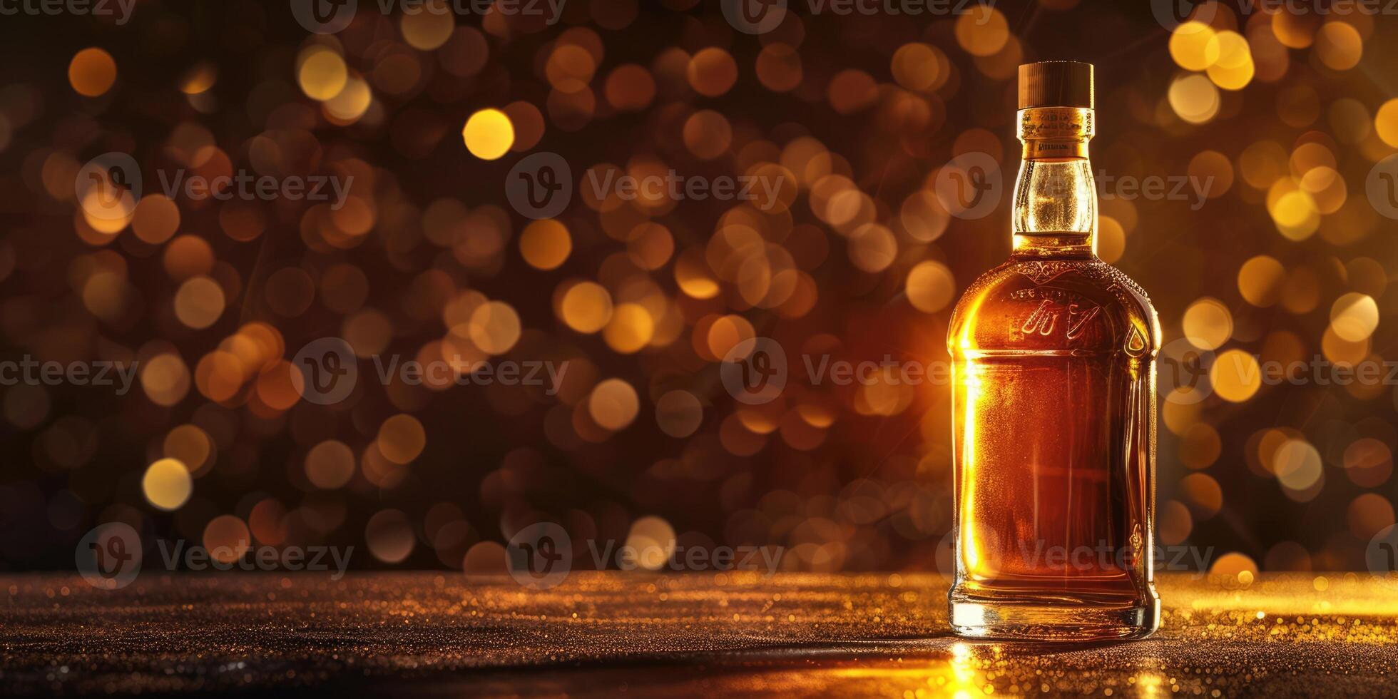 Whiskey bottle, alcohol drink isolated on luxury golden background with copy space photo