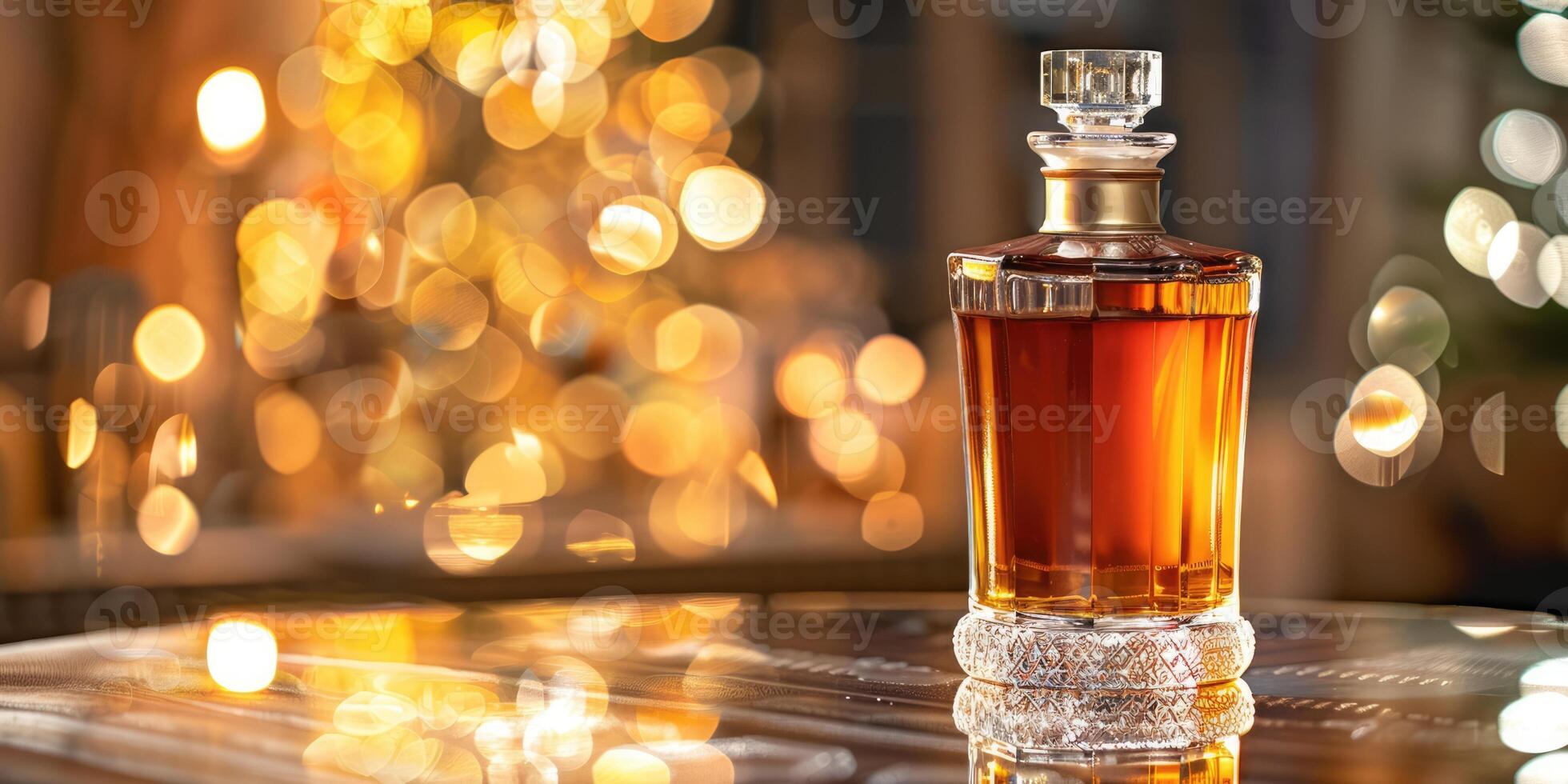 Scotch whiskey or brandy bottle, alcohol drink isolated on the table with luxury golden background and copy space photo
