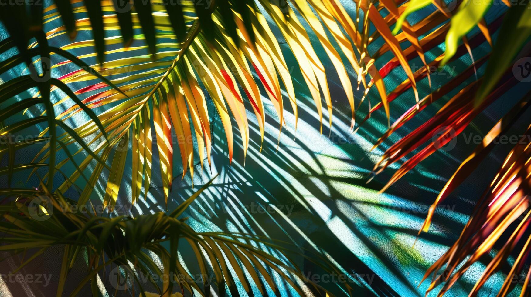 Colorful palm tree leaves background. Floral pattern wallpaper with shadows from shining sun photo