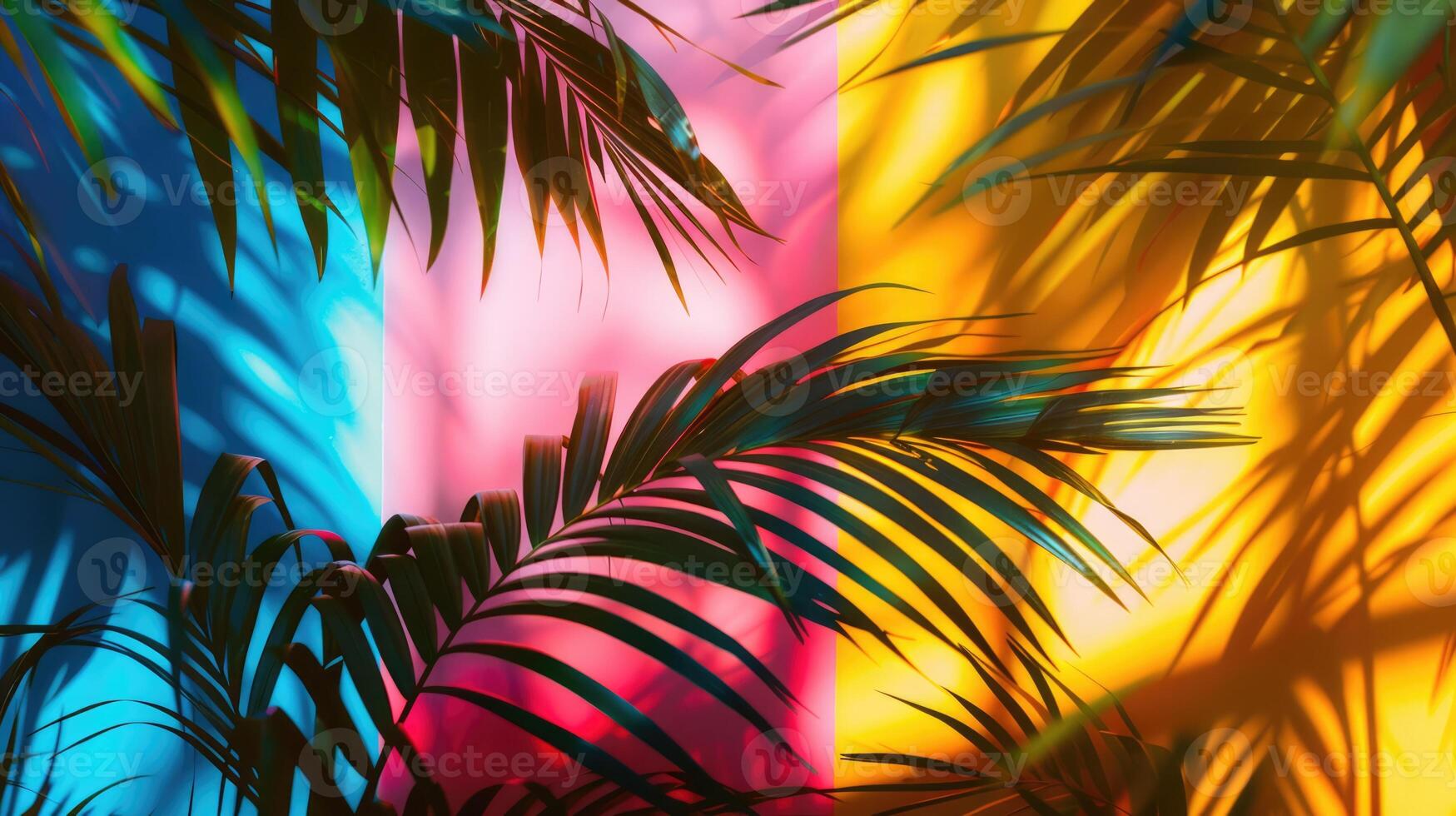 Colorful palm tree leaves background. Floral pattern wallpaper with shadows from shining sun photo