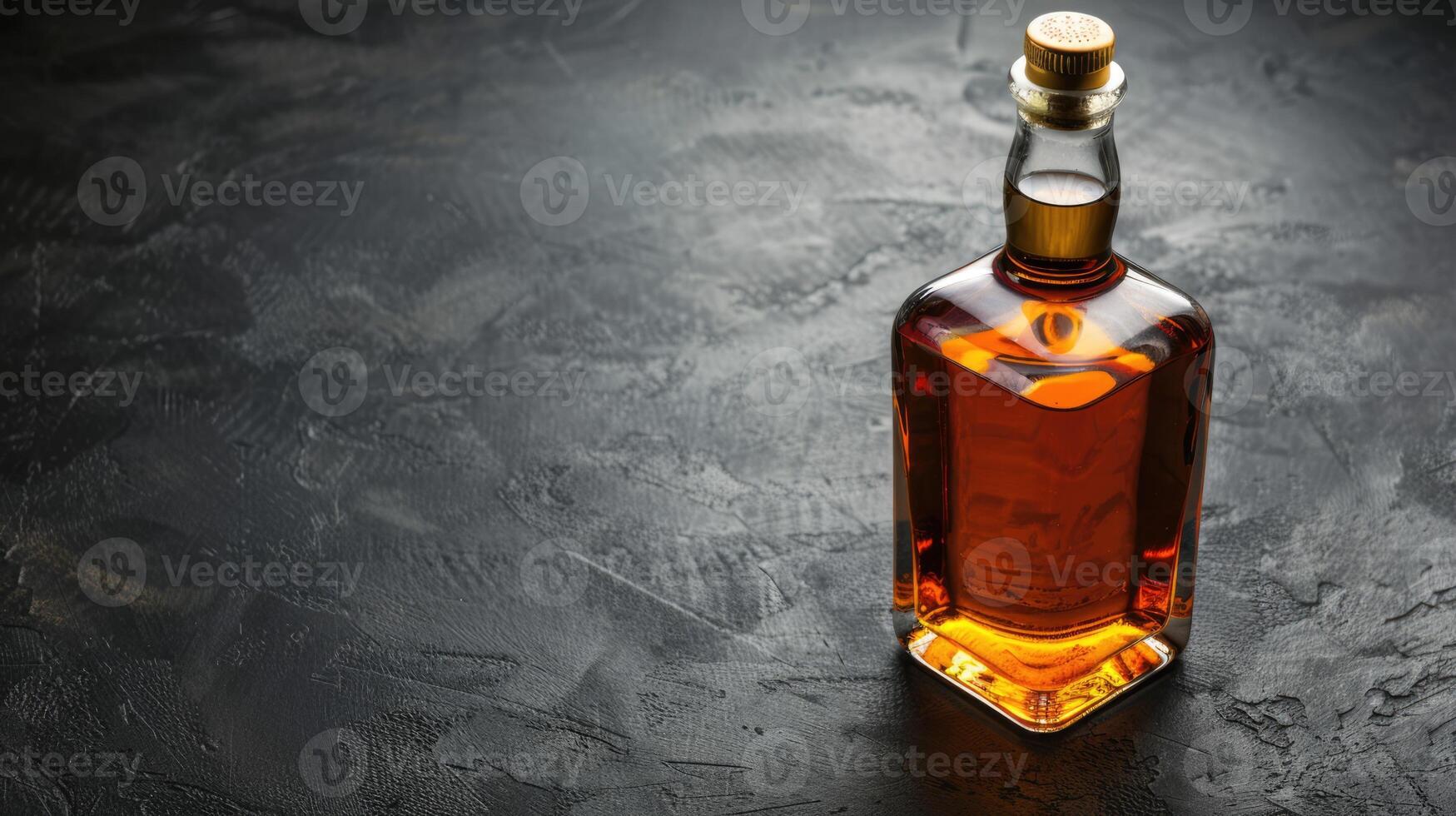 Whiskey bottle, alcohol drink isolated on black table with copy space photo