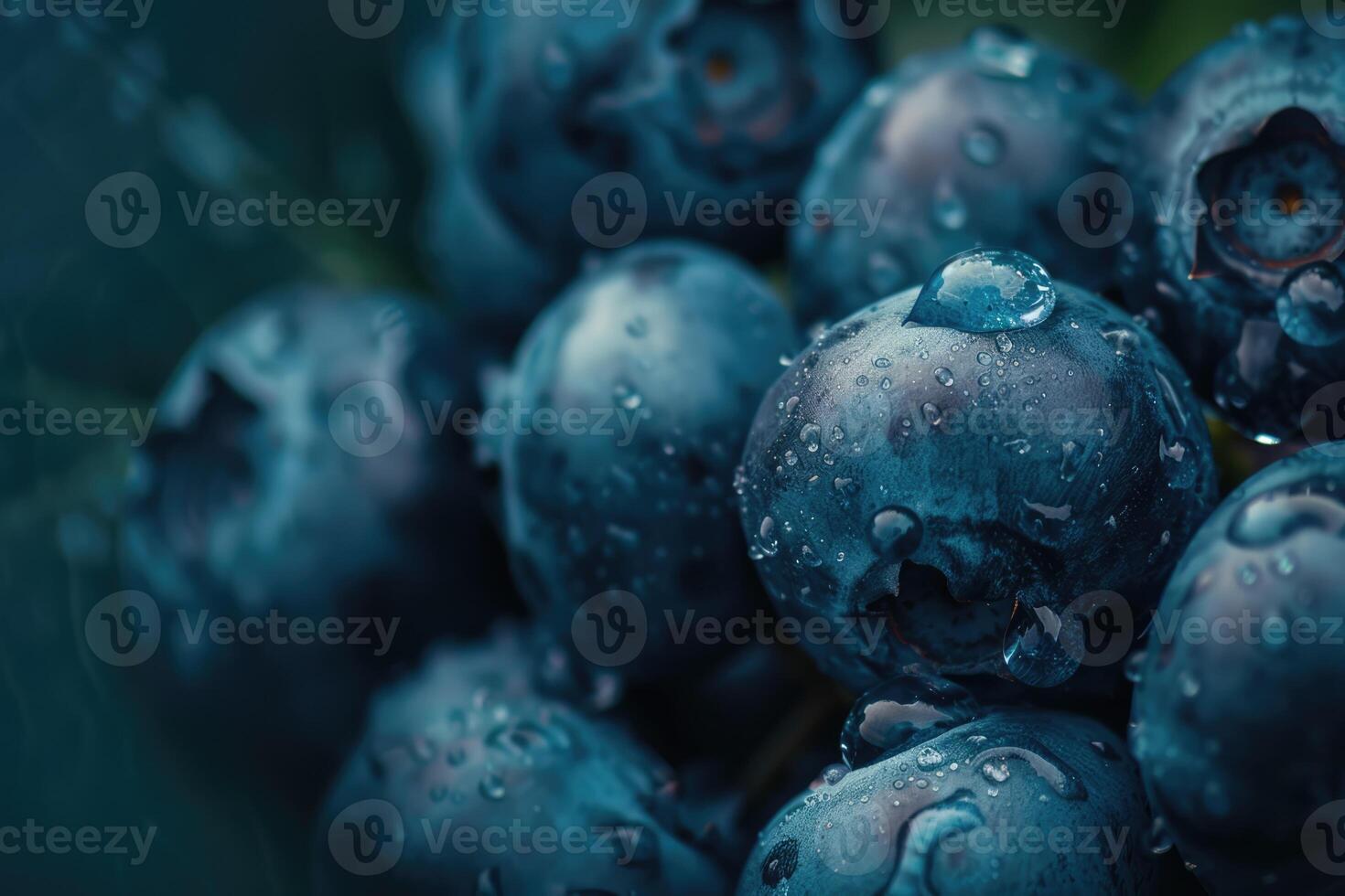 Blueberry background. Close-up shot of blueberries with water drops. Macro image of freshly picked ripe berries photo