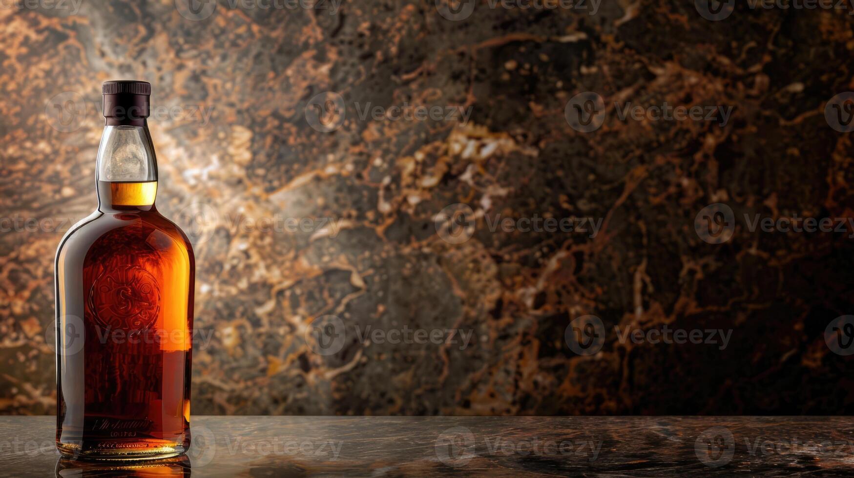 Scotch whiskey or brandy bottle, alcohol drink isolated on luxury brown background with copy space photo