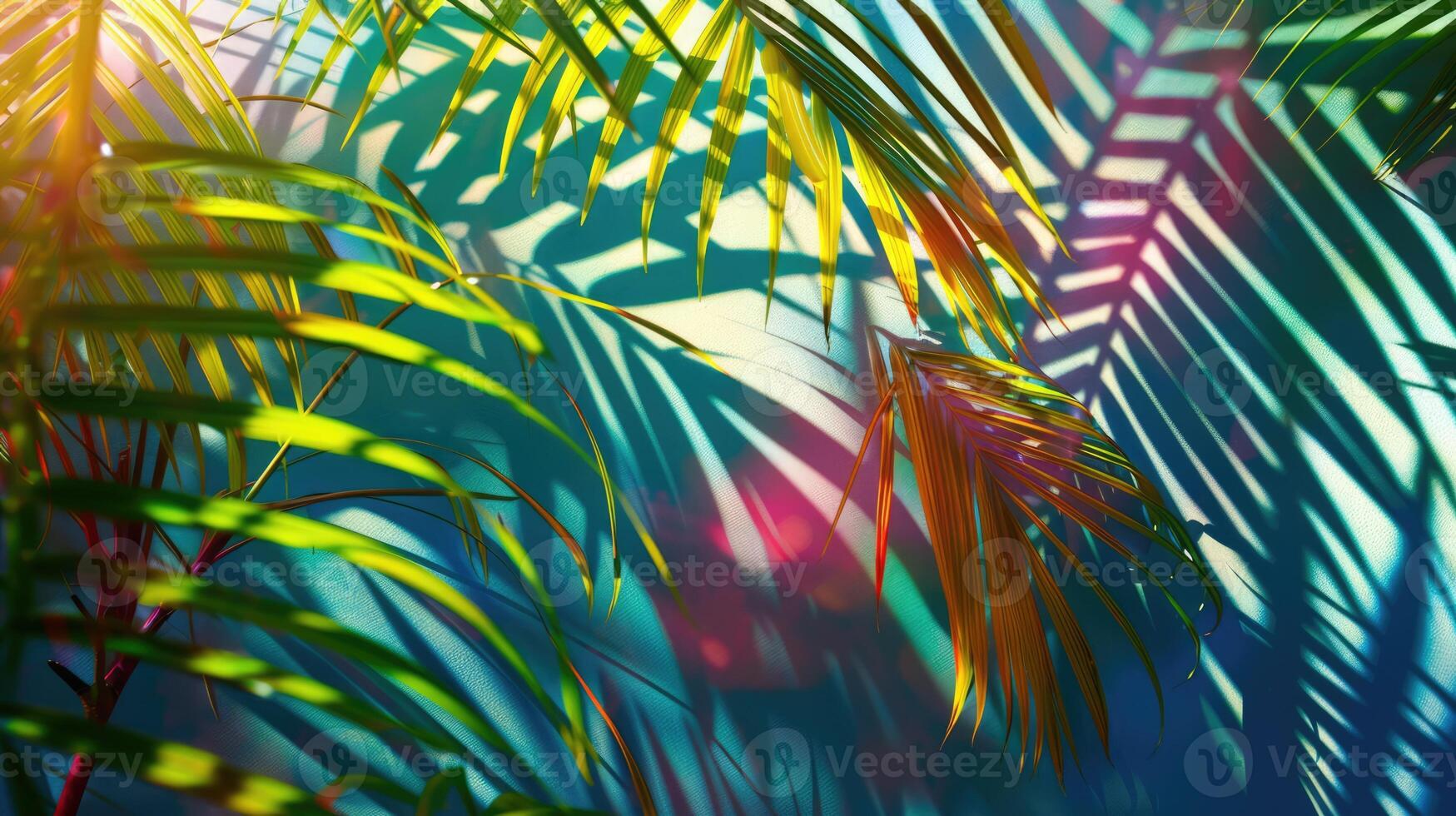 Colorful palm tree leaves background. Floral pattern wallpaper with shadows from shining sun photo