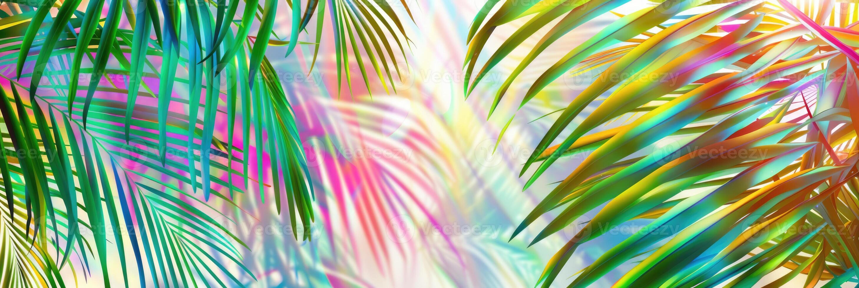 Colorful palm tree leaves background. Floral pattern wallpaper with shadows from shining sun photo