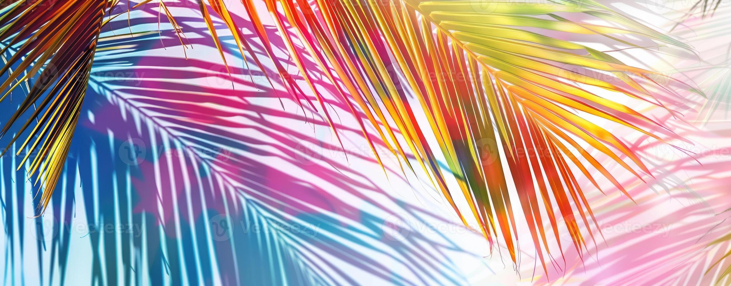 Colorful palm tree leaves background. Floral pattern wallpaper with shadows from shining sun photo