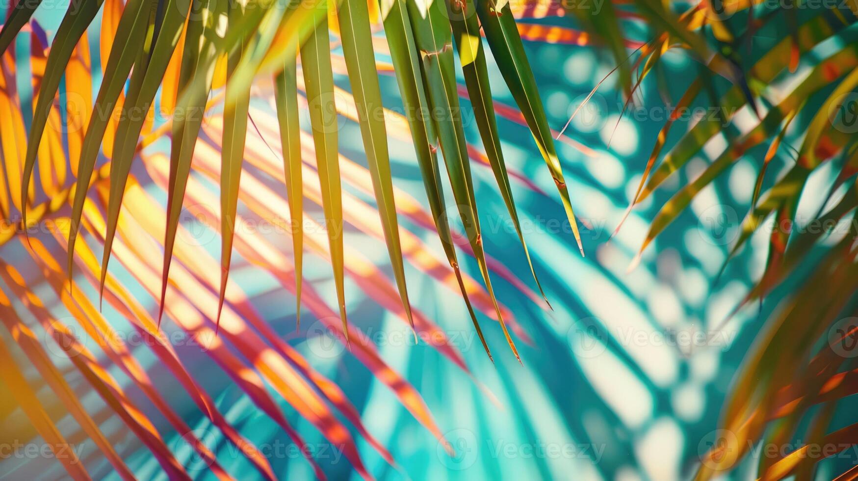 Colorful palm tree leaves background. Floral pattern wallpaper with shadows from shining sun photo
