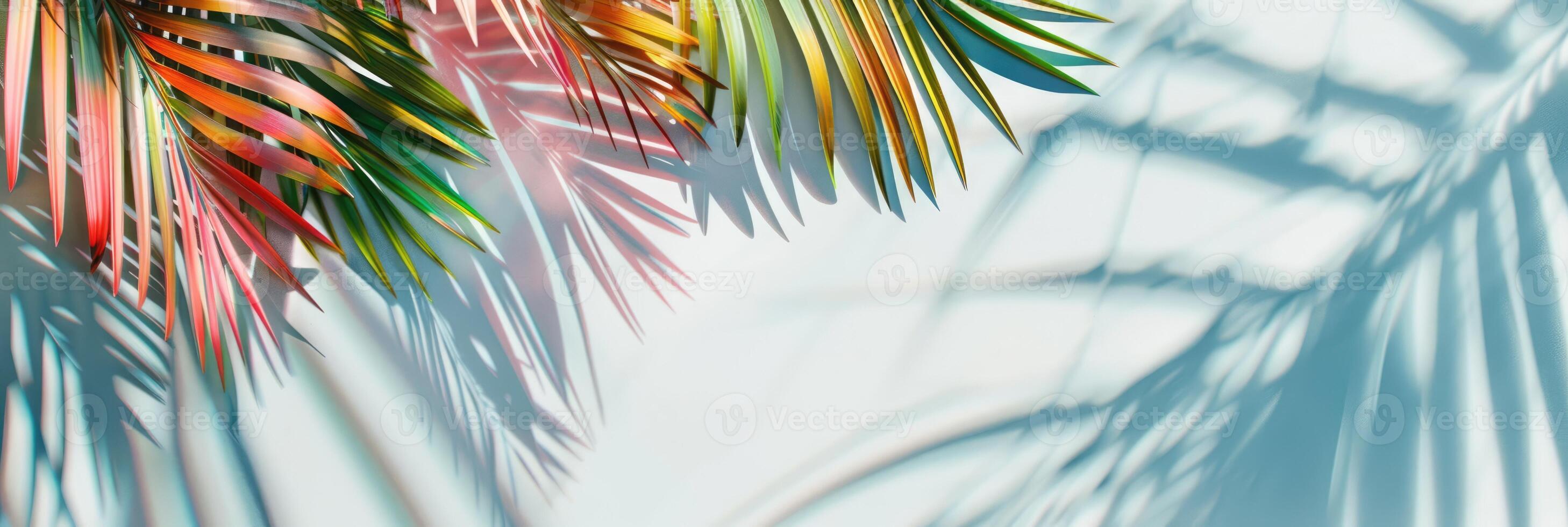 Colorful palm tree leaves background with copy space for text. Floral pattern wallpaper with shadows from shining sun photo