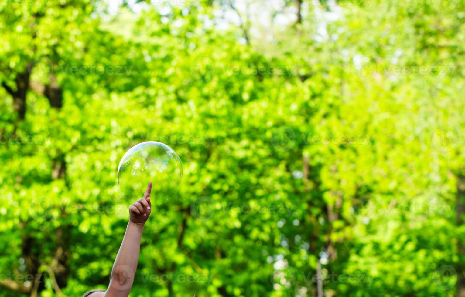 child playing with flying soap bubbles, festive atmosphere, sun rays, greenery, fun photo