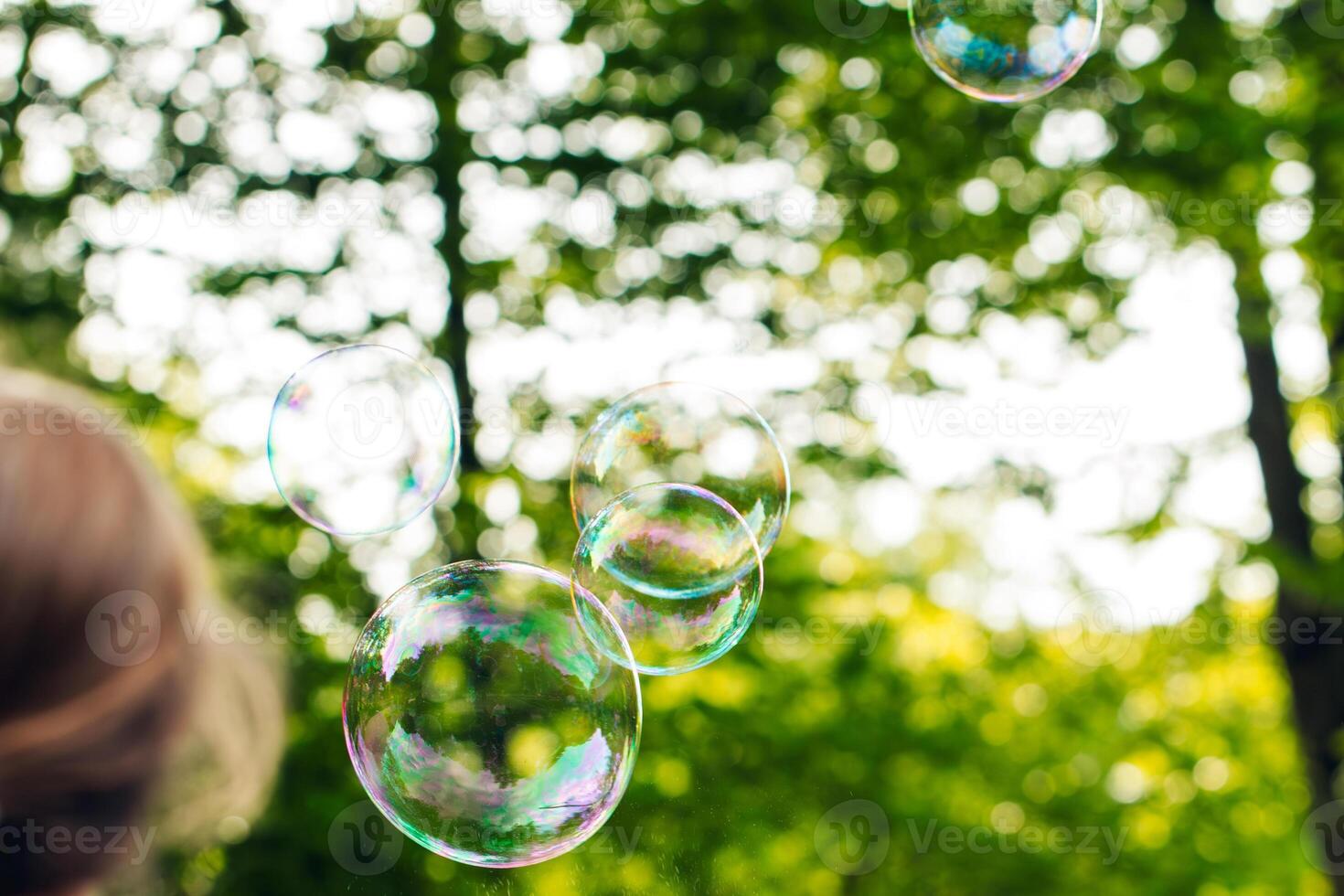 child playing with flying soap bubbles, festive atmosphere, sun rays, greenery, fun photo