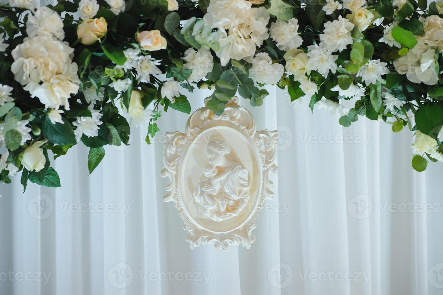 flowers decorations during outdoor wedding ceremony photo