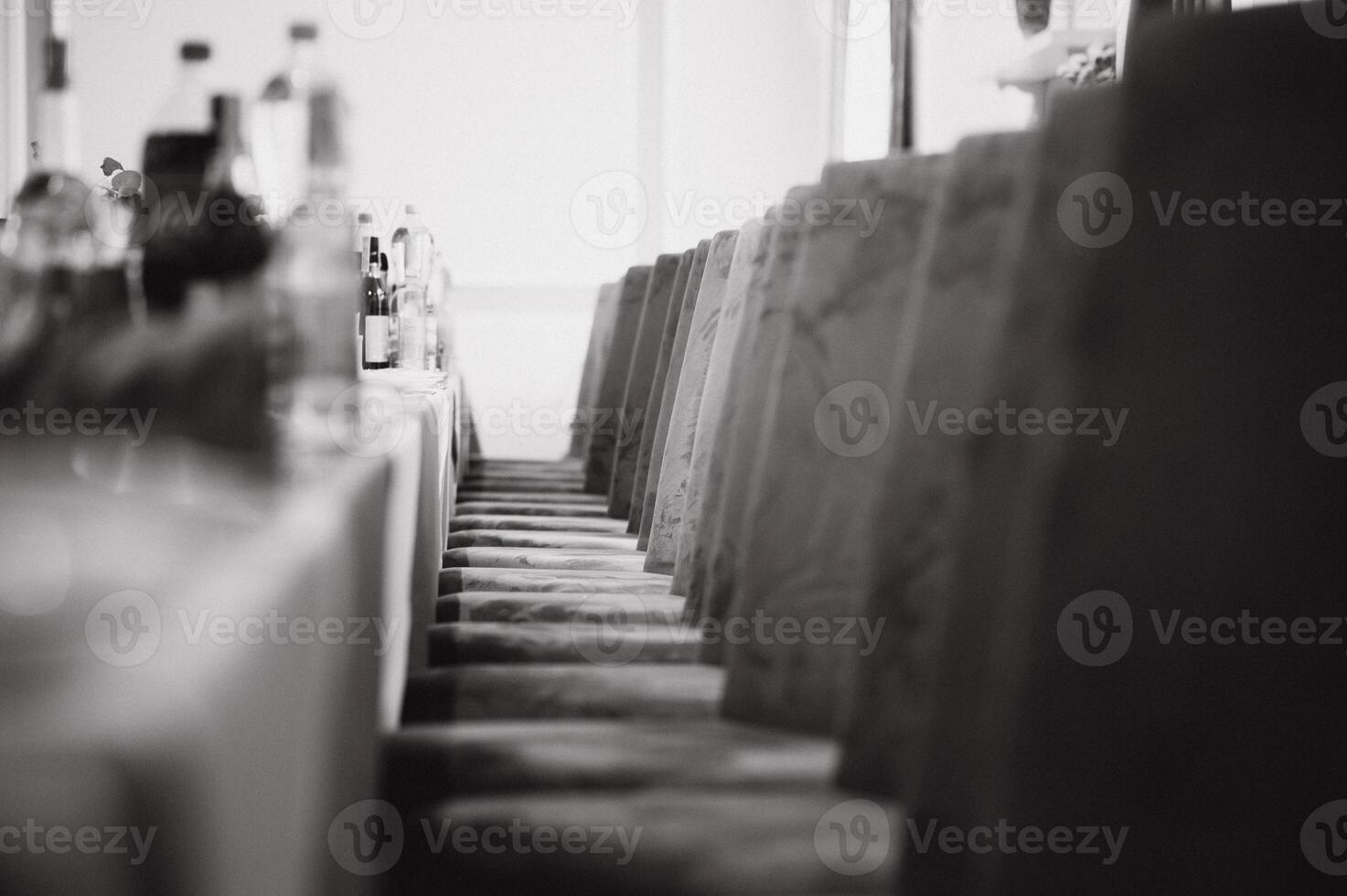 Glasses on the festive table setting. Wedding table decor concept. Table setting in classic style, setout. fine art. photo