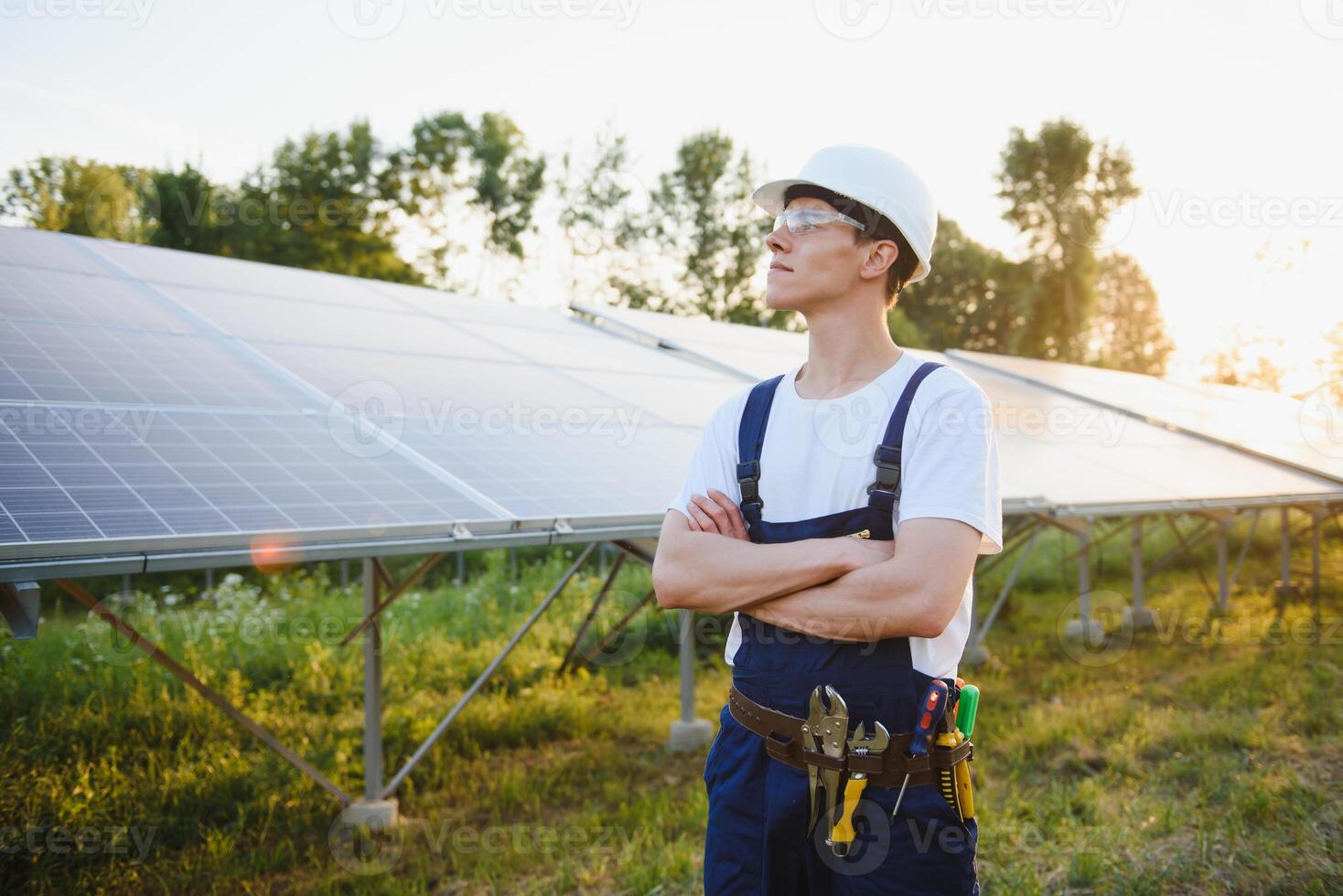 Renewable energy and solar power concept, worker or Electrical engineers are checking and training installing photovoltaic plant in solar power station alternative energy from nature photo
