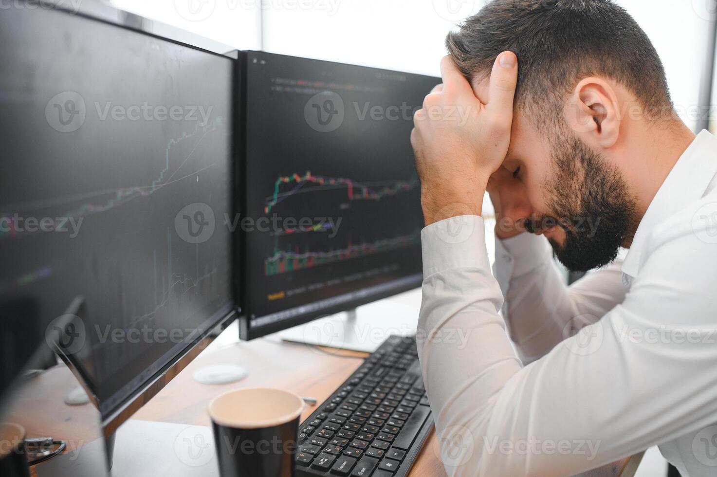 Stressed business man crypto trader broker investor analyzing stock exchange market crypto trading decreasing chart data fall down loss, desperate about losing money of crisis, recession, inflation photo