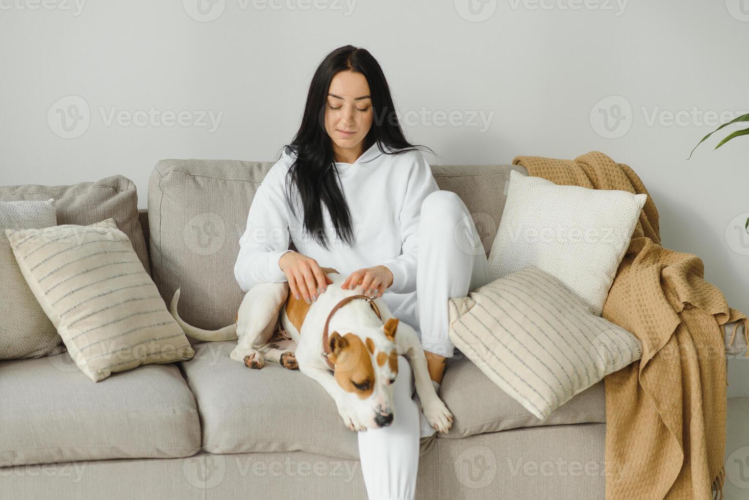 Young woman with her cute dog at home. Lovely pet. photo