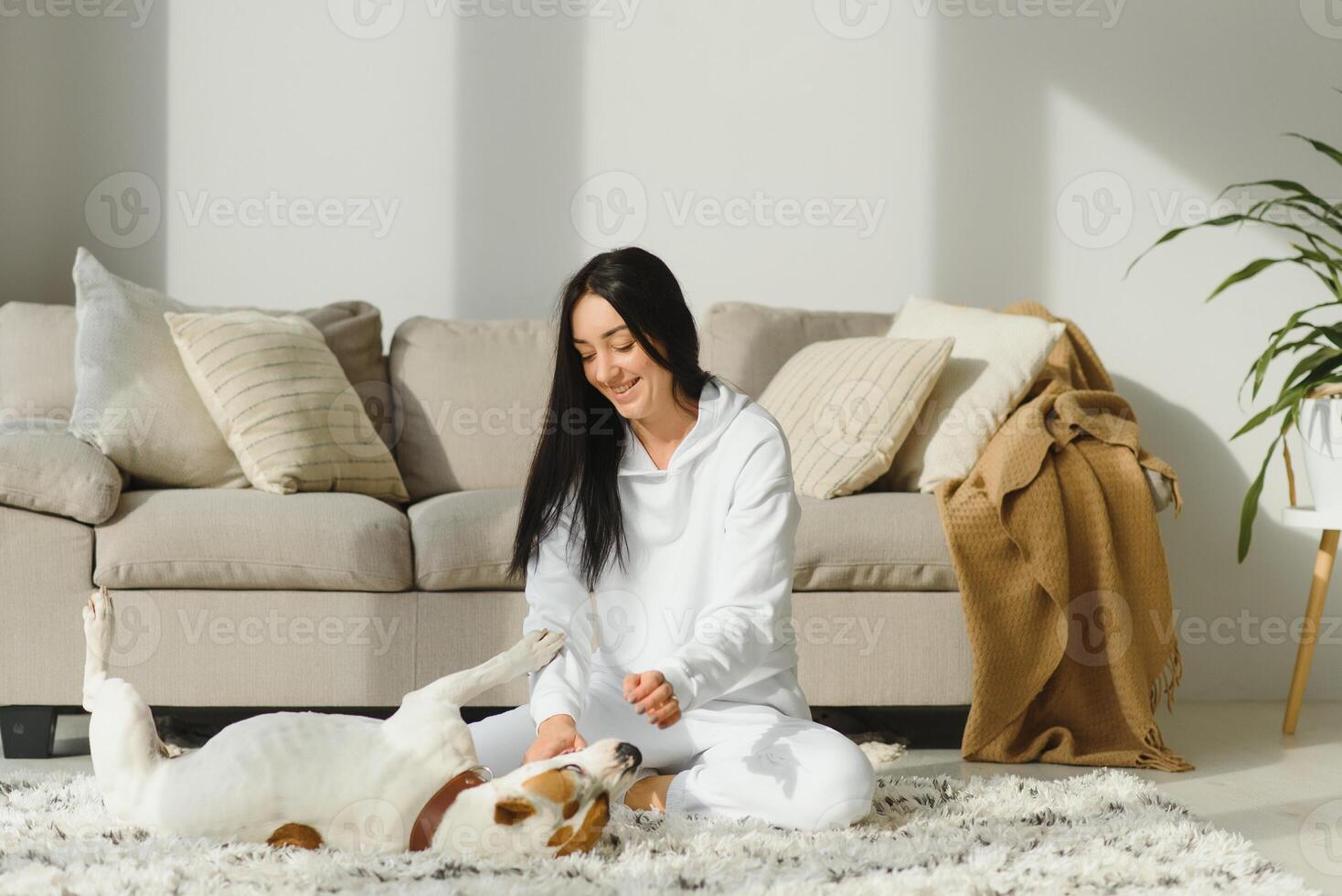 Beautiful young girl playing with a nice cute dog. photo