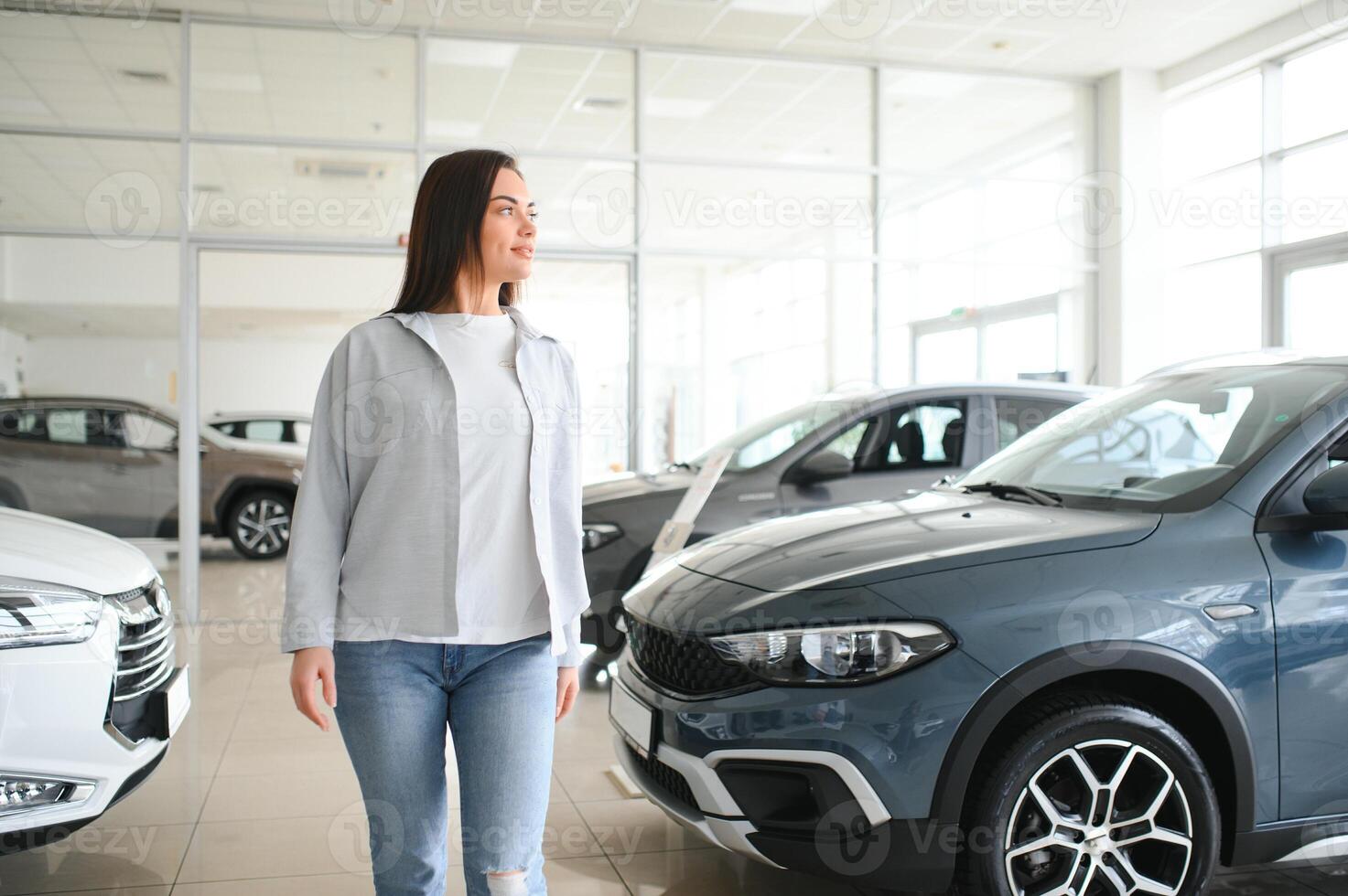 Beautiful young female client customer choosing new car photo
