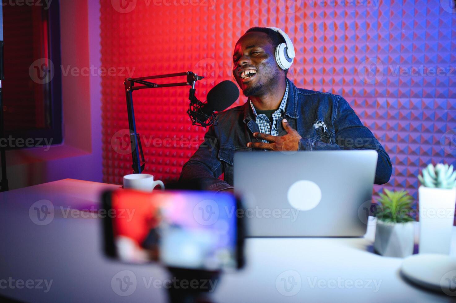 Handsome Young African American Man Talking Into Microphone While Recording Radio Show photo