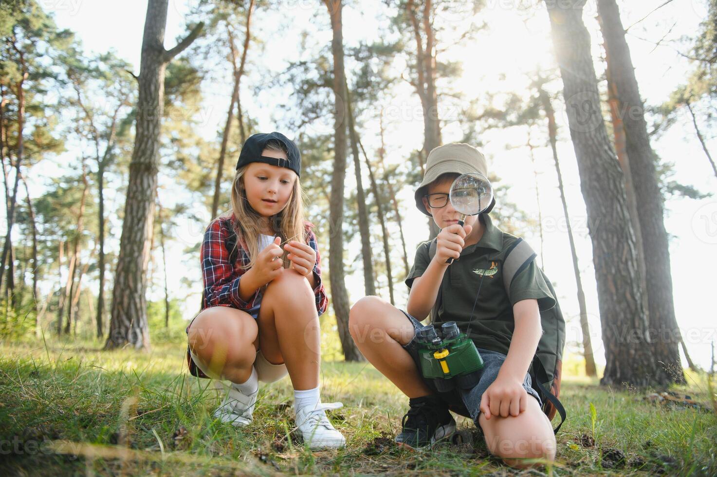 Two kids in casual clothes in exploring nature in forest together during school camping trip with magnifying glass. photo