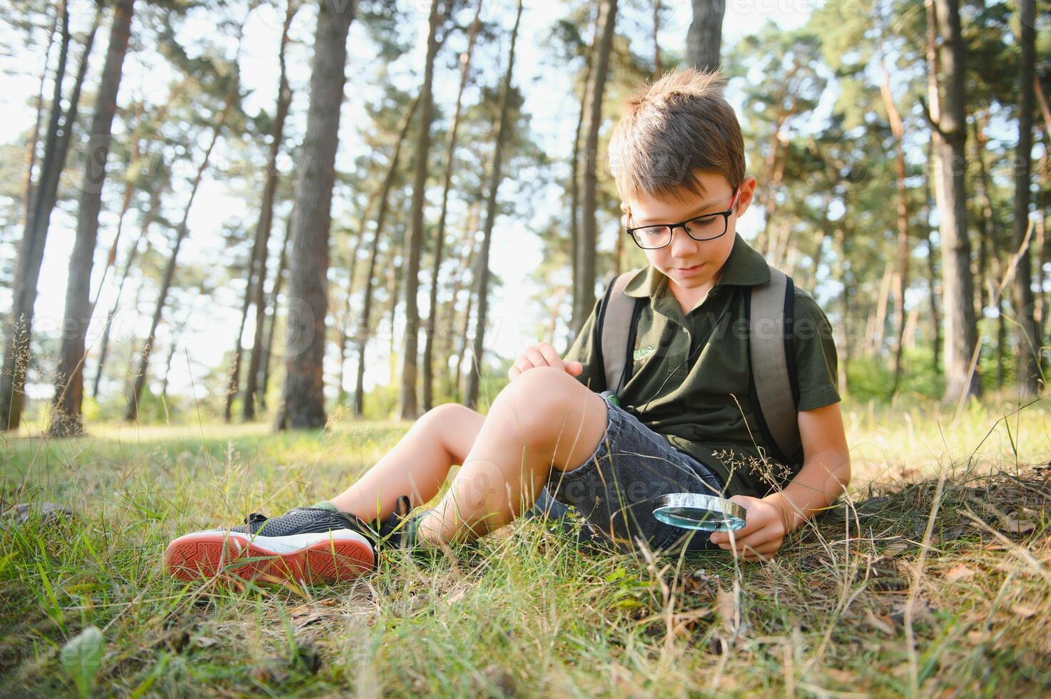 Boy biologist or entomologist studies nature. Scout in the forest. A teenager studies insects. Biology. Geology. Expedition in the forest photo