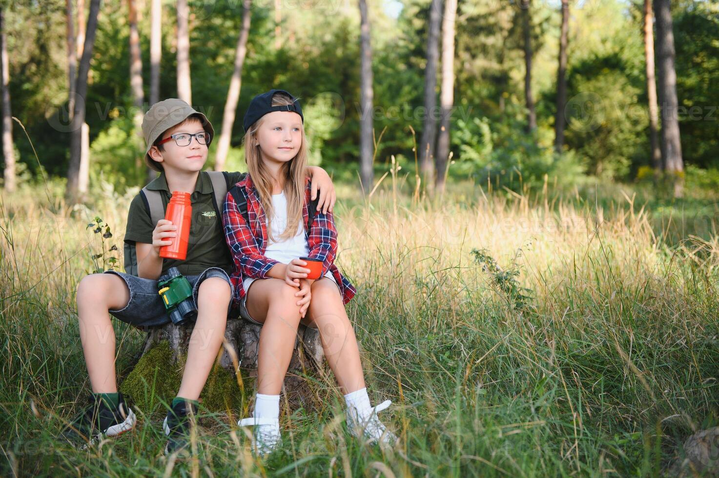 Two happy children having fun during forest hike on beautiful day in pine forest. Cute boy scout with binoculars during hiking in summer forest. Concepts of adventure, scouting and hiking tourism photo