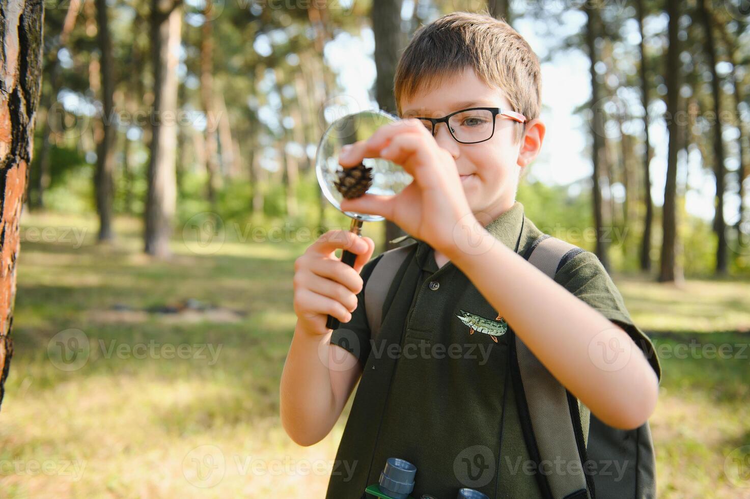 schoolboy is exploring nature with magnifying glass. Summer vacation for inquisitive kids in forest. Hiking. Boy-scout. photo