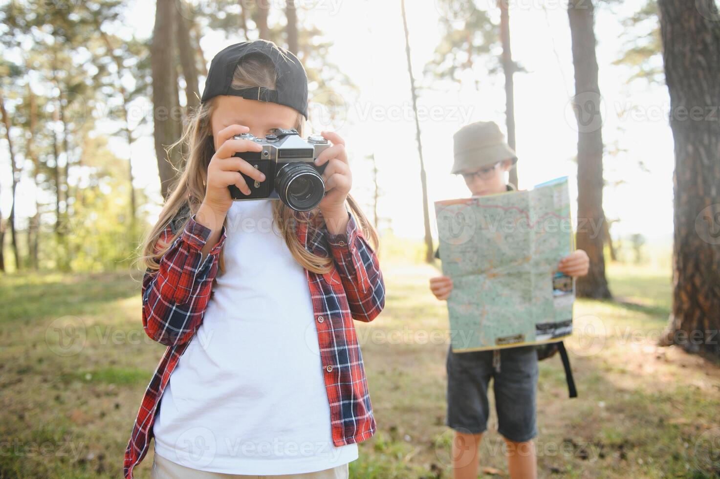 kids scouts in the forest. photo